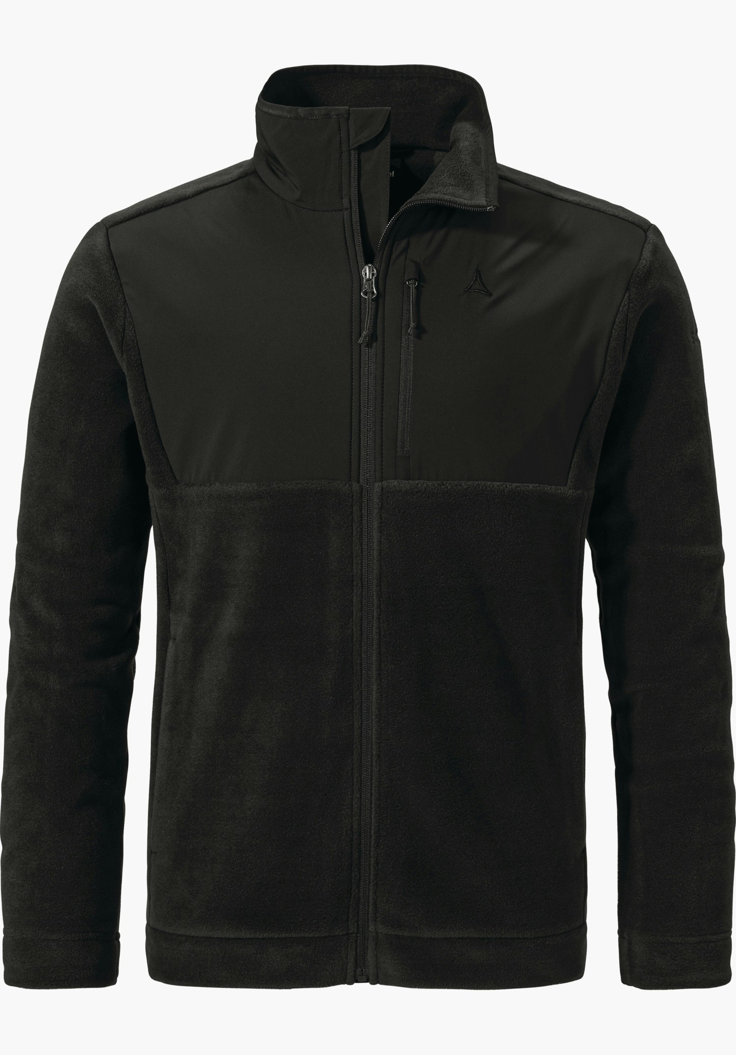 Urban Fleece Jk Style Gregale MNS Schwarze Fleecejacke mit durchgehendem Reißverschluss, glatter Brustbesatz, Schöffel-Logo auf linker Brust, stehender Kragen, vor neutralem weißen Hintergrund.