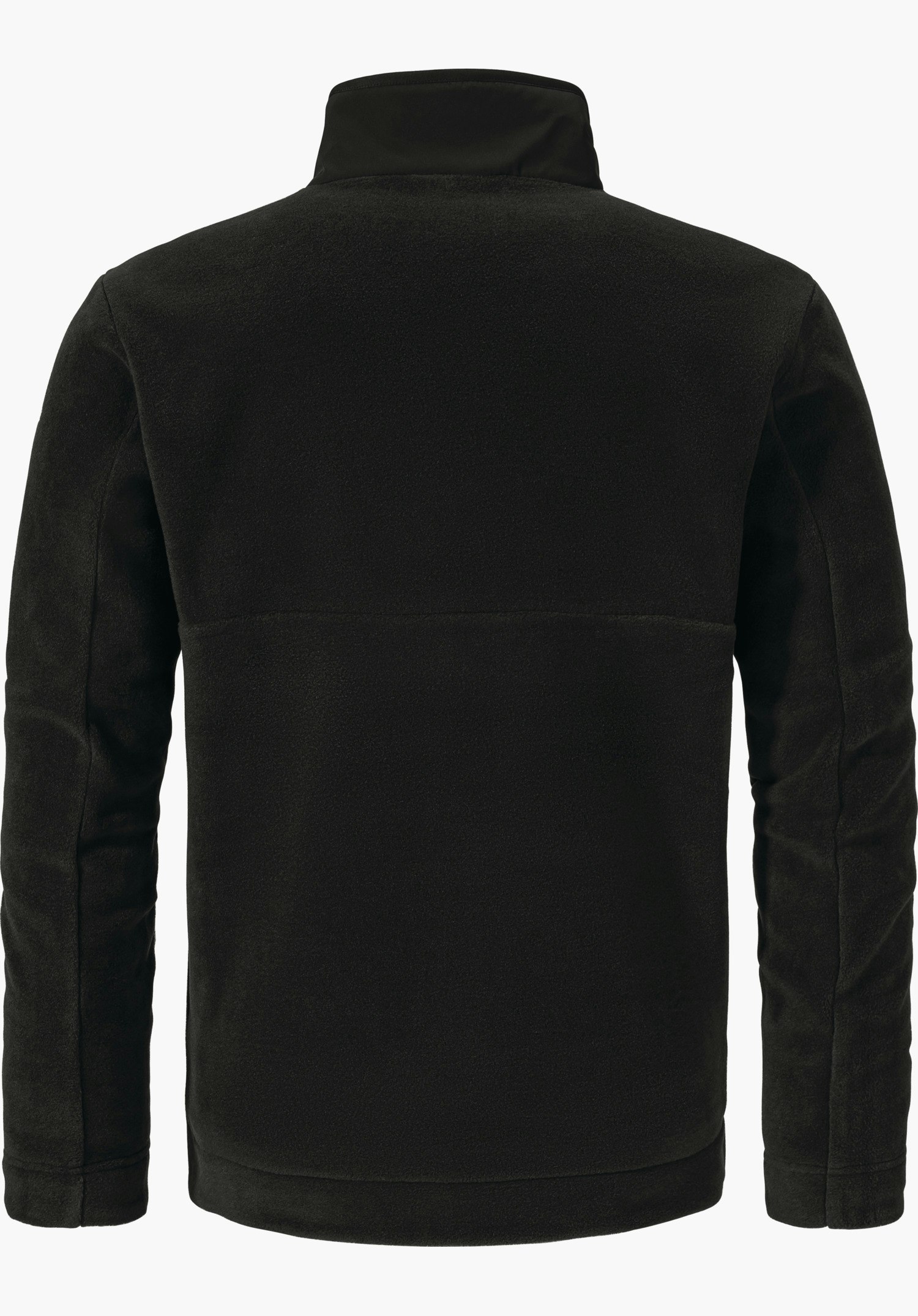 Fleece Jk Style Gregale MNS schwarze Fleecejacke, präsentiert Rückseite; hochgeschlossener Stehkragen und lange Ärmel; glatter, leicht strukturierter Fleece-Stoff; freigestellt vor weißem Hintergrund.