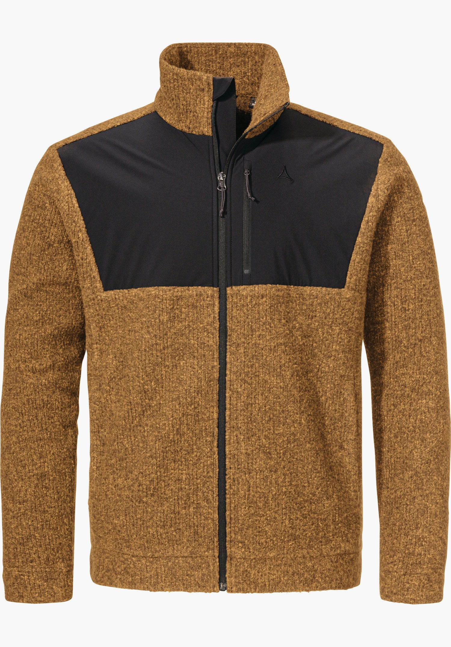 Urban Fleece Jk Style Canterbury MNS Jacke, braun mit schwarzer Brustpartie, Reißverschluss geschlossen, frontal präsentiert; Schöffel-Logo auf der linken Brust; hoher Stehkragen, grob gestrickte Struktur, neutraler Hintergrund.