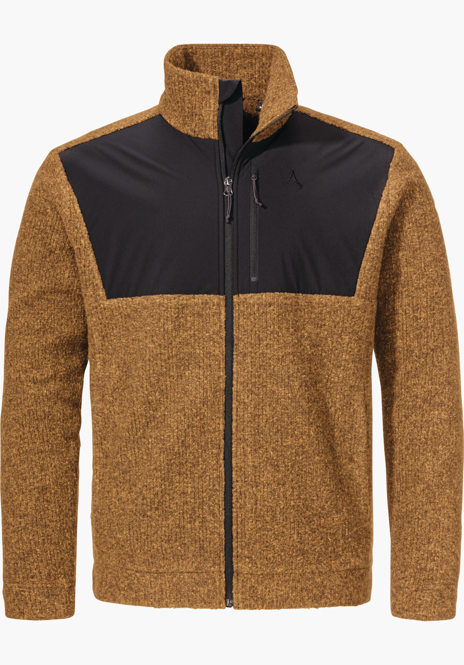 Urban Fleece Jk Style Canterbury MNS Jacke, braun mit schwarzer Brustpartie, Reißverschluss geschlossen, frontal präsentiert; Schöffel-Logo auf der linken Brust; hoher Stehkragen, grob gestrickte Struktur, neutraler Hintergrund.
