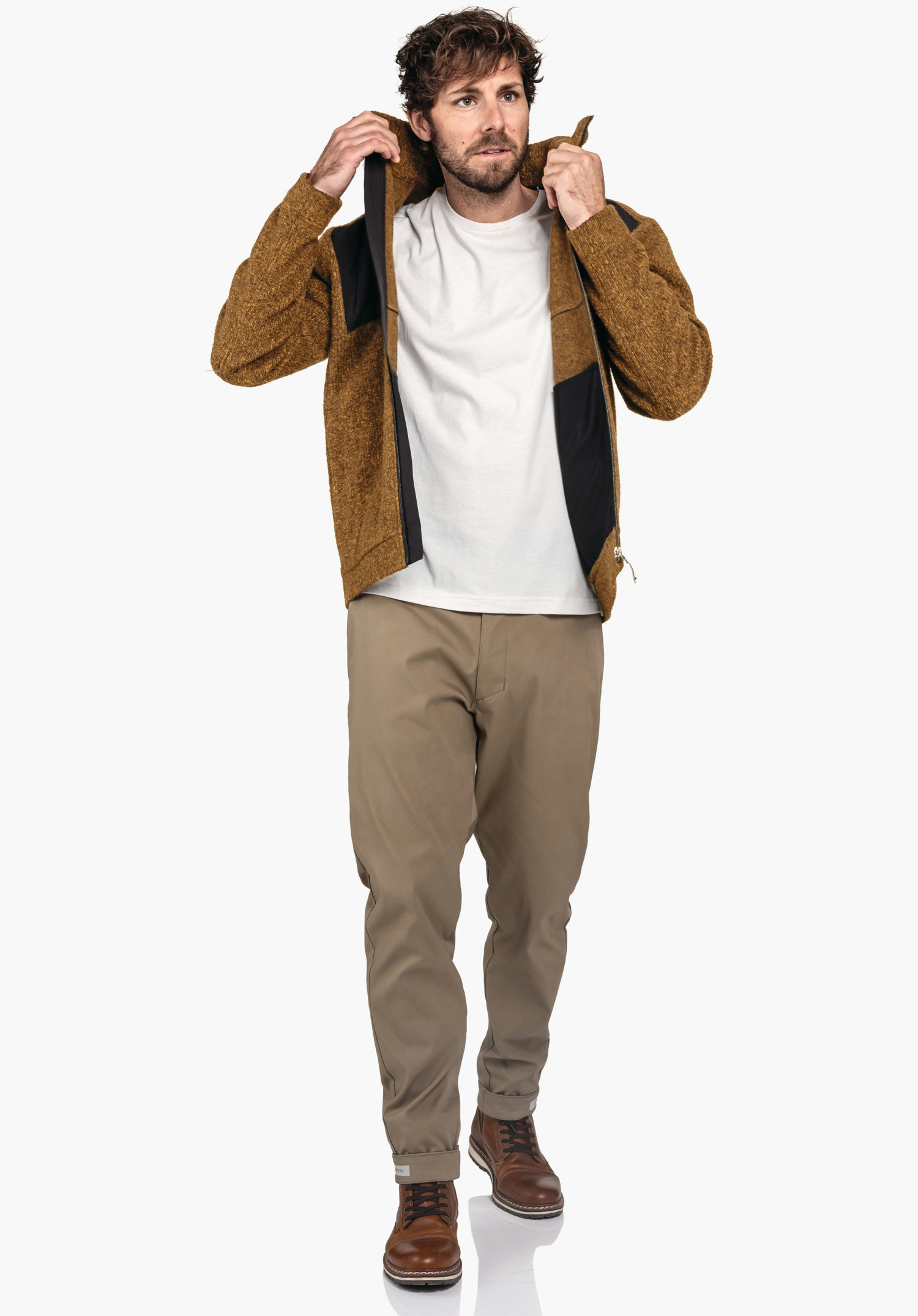 Fleece Jk Style Canterbury MNS, zeigt die strukturierte Oberfläche des braunen Fleecestoffs sowie den Frontreißverschluss, Nahaufnahme vor weißem Hintergrund.