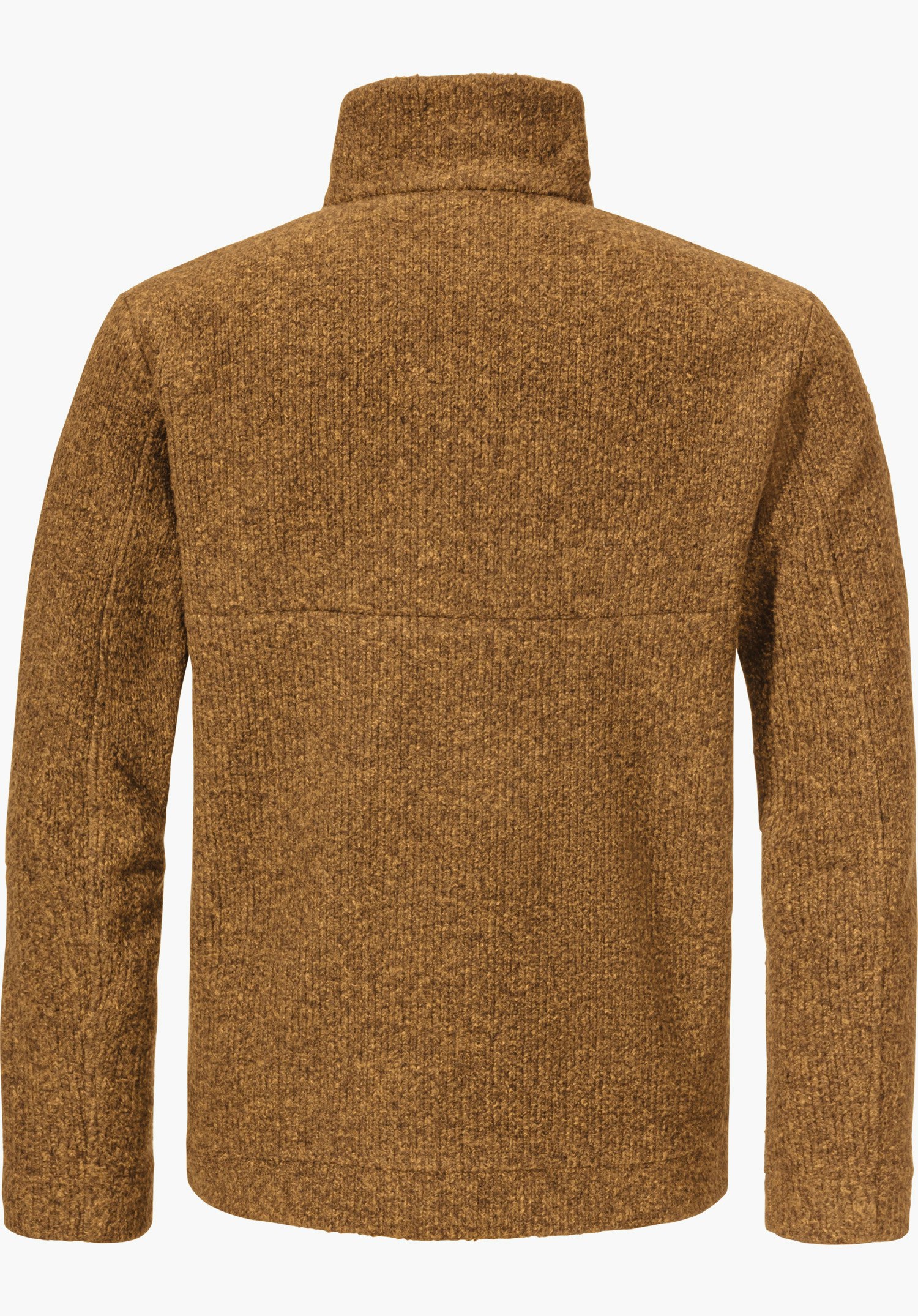 Fleece Jk Style Canterbury MNS hellbraune Strick Fleecejacke mit Stehkragen, von hinten dargestellt; hängt gerade vor weißem Hintergrund; lange Ärmel, durchgehende Rückenfläche mit dezenter Quernaht, grobe gleichmäßige Strickstruktur.