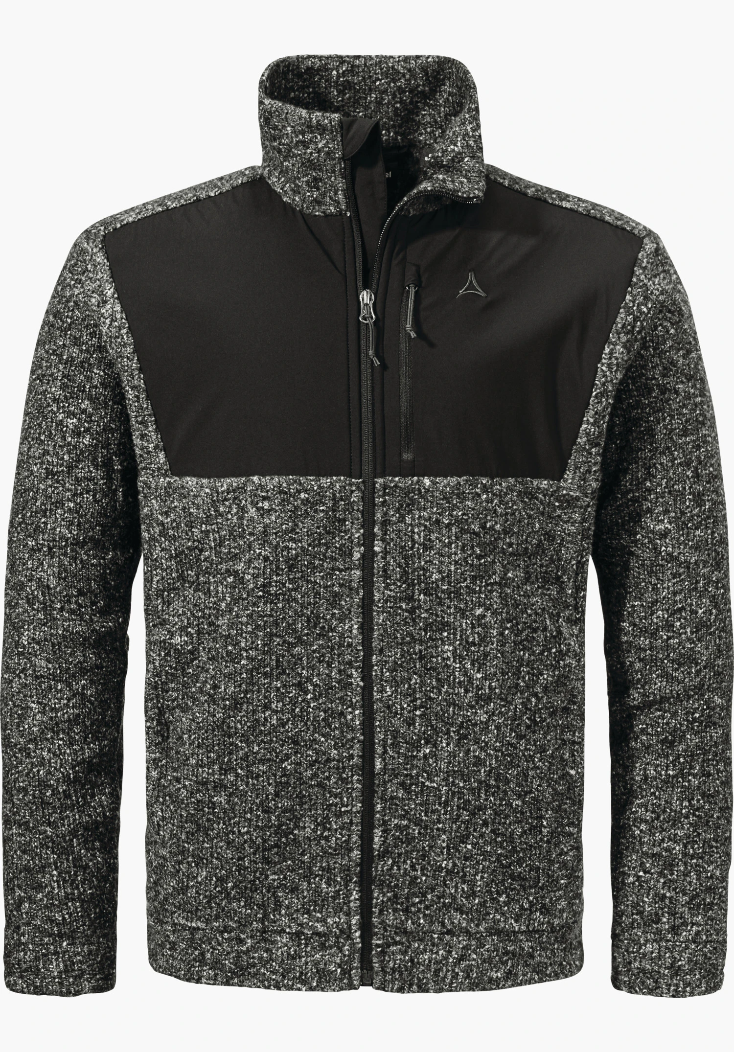 Urban Fleece Jk Style Canterbury MNS Grau-schwarze Strickjacke mit schwarzer Brustblende, Reißverschluss geschlossen, Schöffel-Logo auf der linken Brust, frontal auf weißem Hintergrund präsentiert.