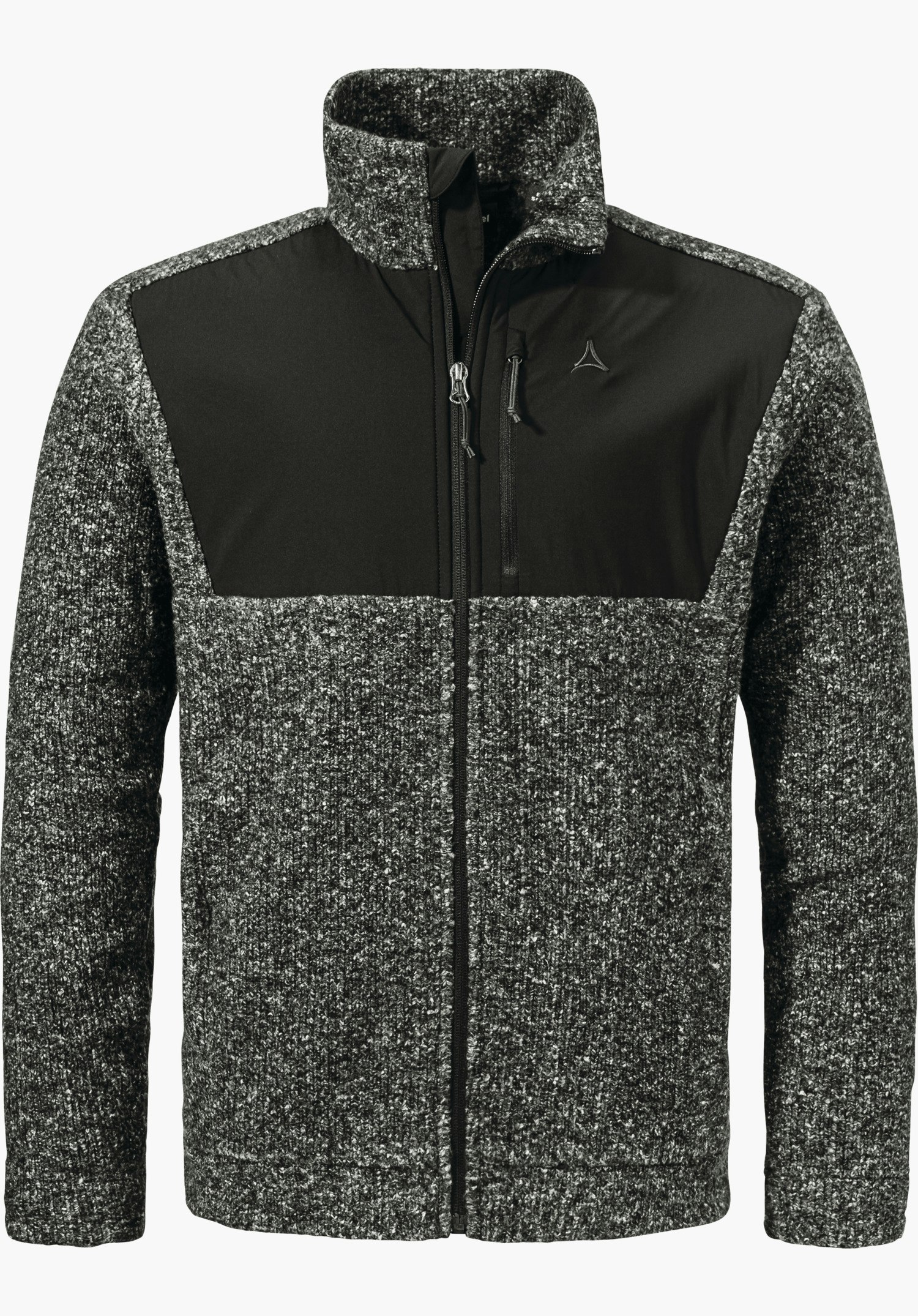 Urban Fleece Jk Style Canterbury MNS Grau-schwarze Strickjacke mit schwarzer Brustblende, Reißverschluss geschlossen, Schöffel-Logo auf der linken Brust, frontal auf weißem Hintergrund präsentiert.