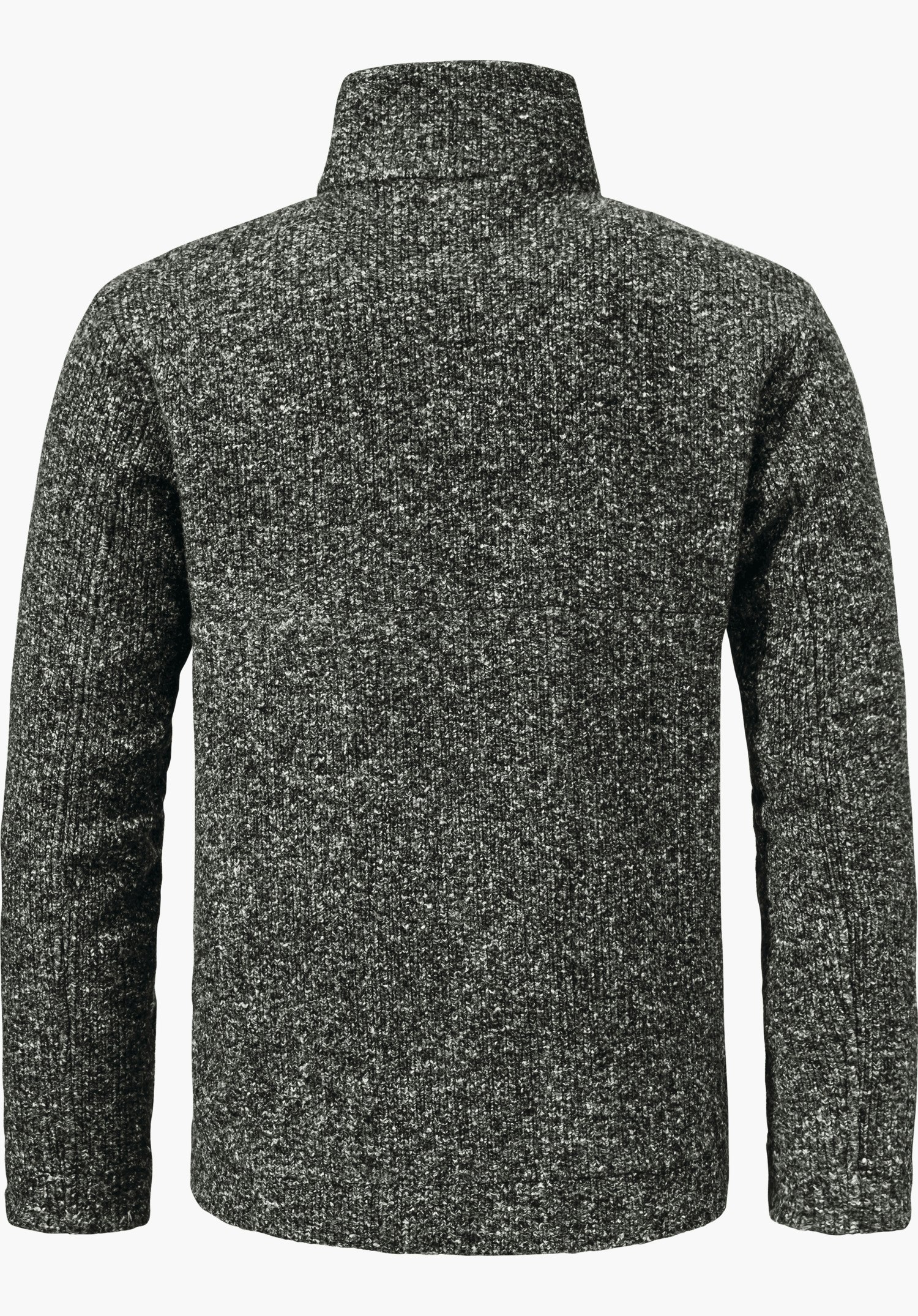 Fleece Jk Style Canterbury MNS Pullover, schwarz gestrickt, mit Stehkragen; Rückansicht, liegt flach, Ärmel seitlich, präsentiert vor schlichtem weißem Hintergrund.