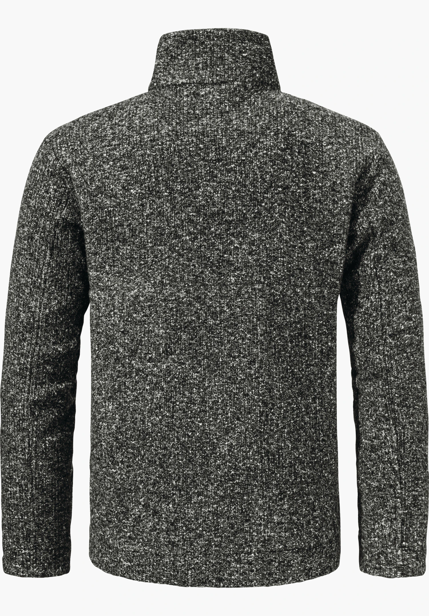 Fleece Jk Style Canterbury MNS jumper, black knitted, with stand-up collar; rear view, laid flat, sleeves to the sides, presented against a plain white background.