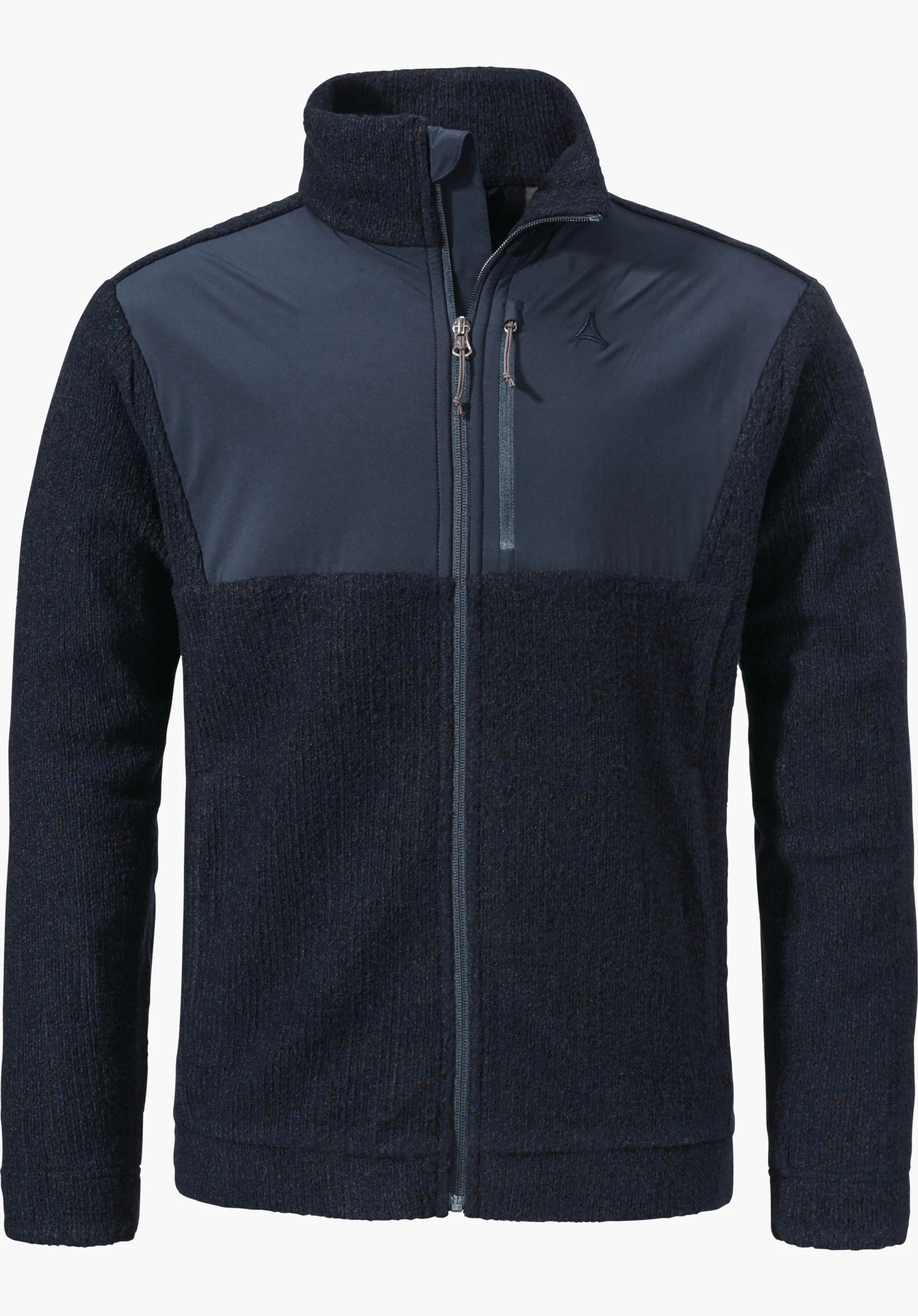 Urban Fleece Jk Style Canterbury MNS dark blue fleece jacket, front view; full-length zip closed; smooth dark blue shoulder and chest overlays; Schöffel logo on the chest; fluffy knit fabric; white background.