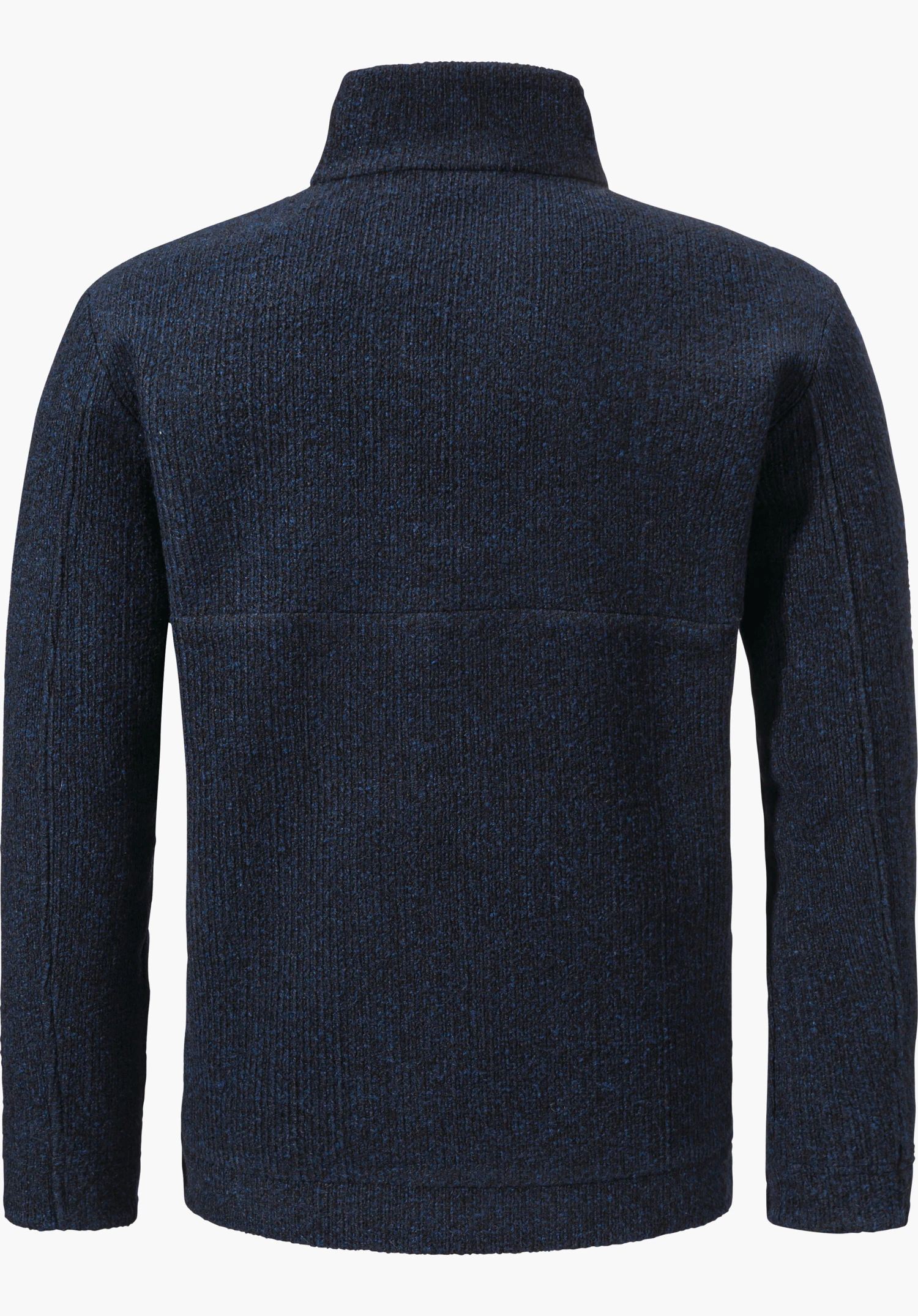 Fleece Jk Style Canterbury MNS jumper, dark blue knitted, with stand-up collar; rear view, laid flat, sleeves to the sides, presented against a plain white background.