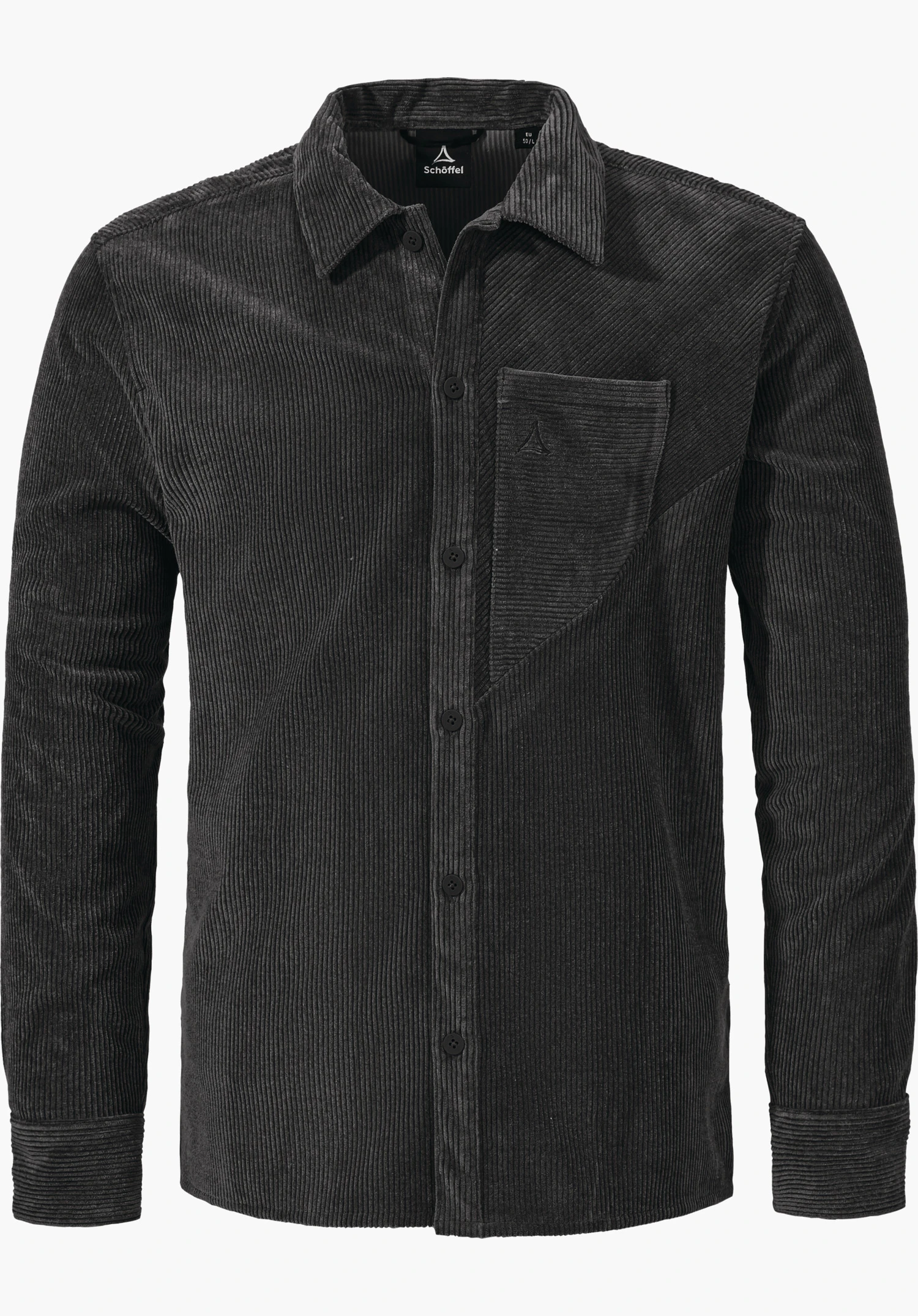 Urban Shirt Style Lodos MNS dunkelgraues, Langarm-Cordhemd, frontseitig durchgehend geknöpft, Brusttasche mit Schöffel-Logo, freigestellt auf weißem Hintergrund. Schriftzug: "Schöffel".