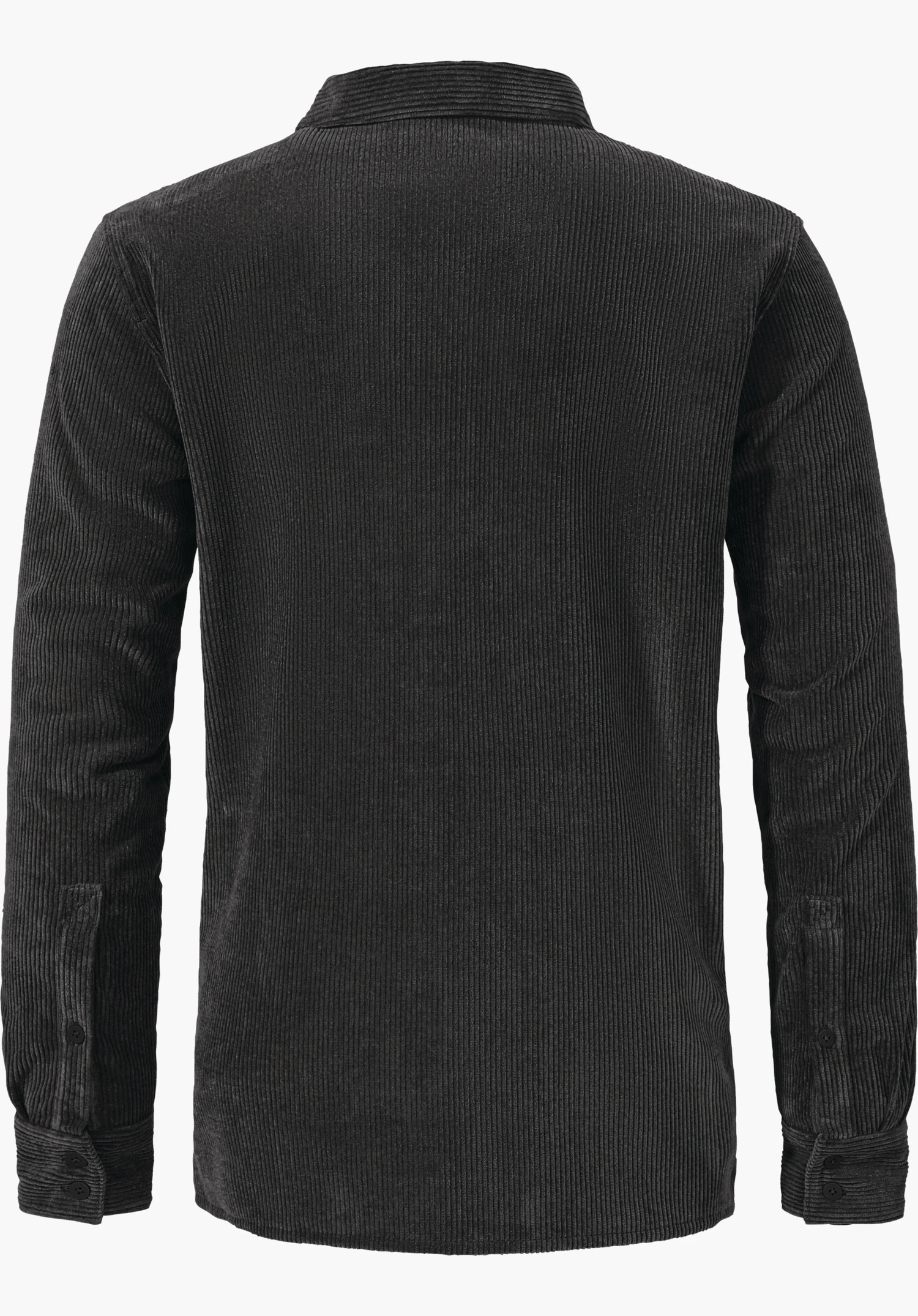 Shirt Style Lodos MNS dunkelgraues Hemd, von hinten gezeigt; langärmlig mit feiner Längsrippstruktur, flach präsentiert auf weißem Hintergrund.