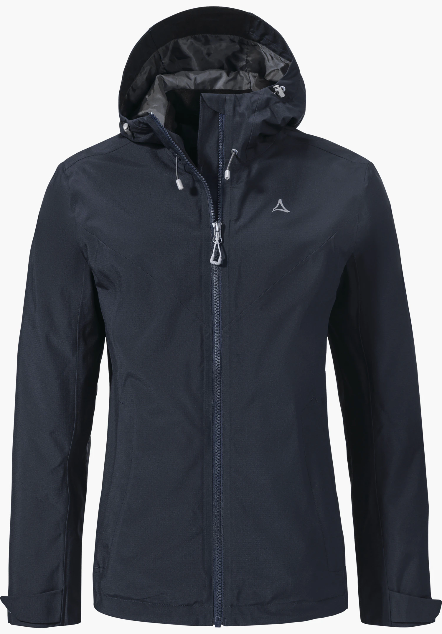 Jacket Style Yew WMS Dunkelblaue, taillierte Regenjacke mit Kapuze, Reißverschluss geschlossen; Schöffel-Logo auf linker Brust; frontal fotografiert vor neutralem weißem Hintergrund.