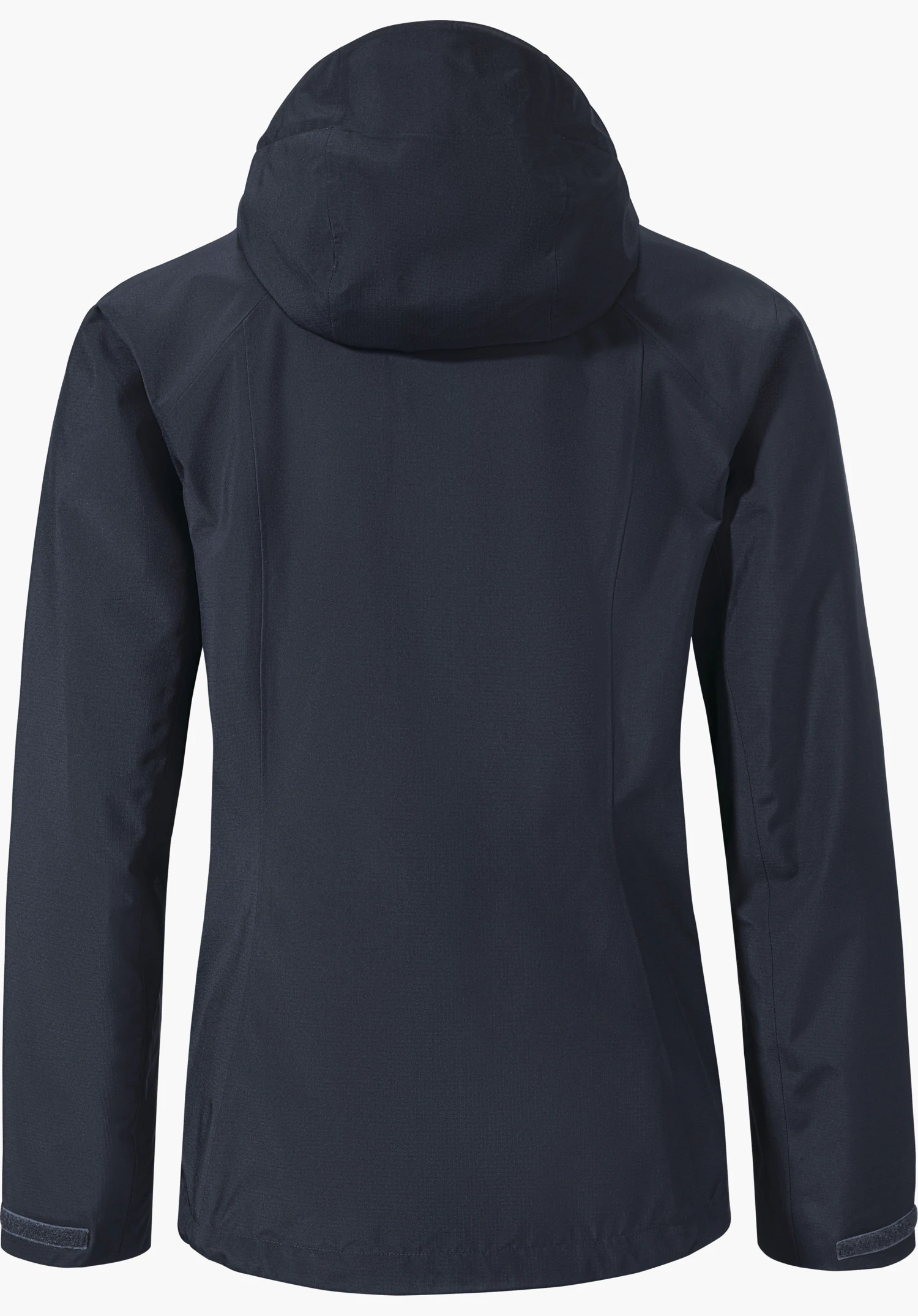 Jacket Style Yew WMS Jacke, präsentiert Rückansicht mit aufgesetzter Kapuze und langen Ärmeln; dunkelblaues, glattes Outdoor-Material; neutraler heller Studiohintergrund.