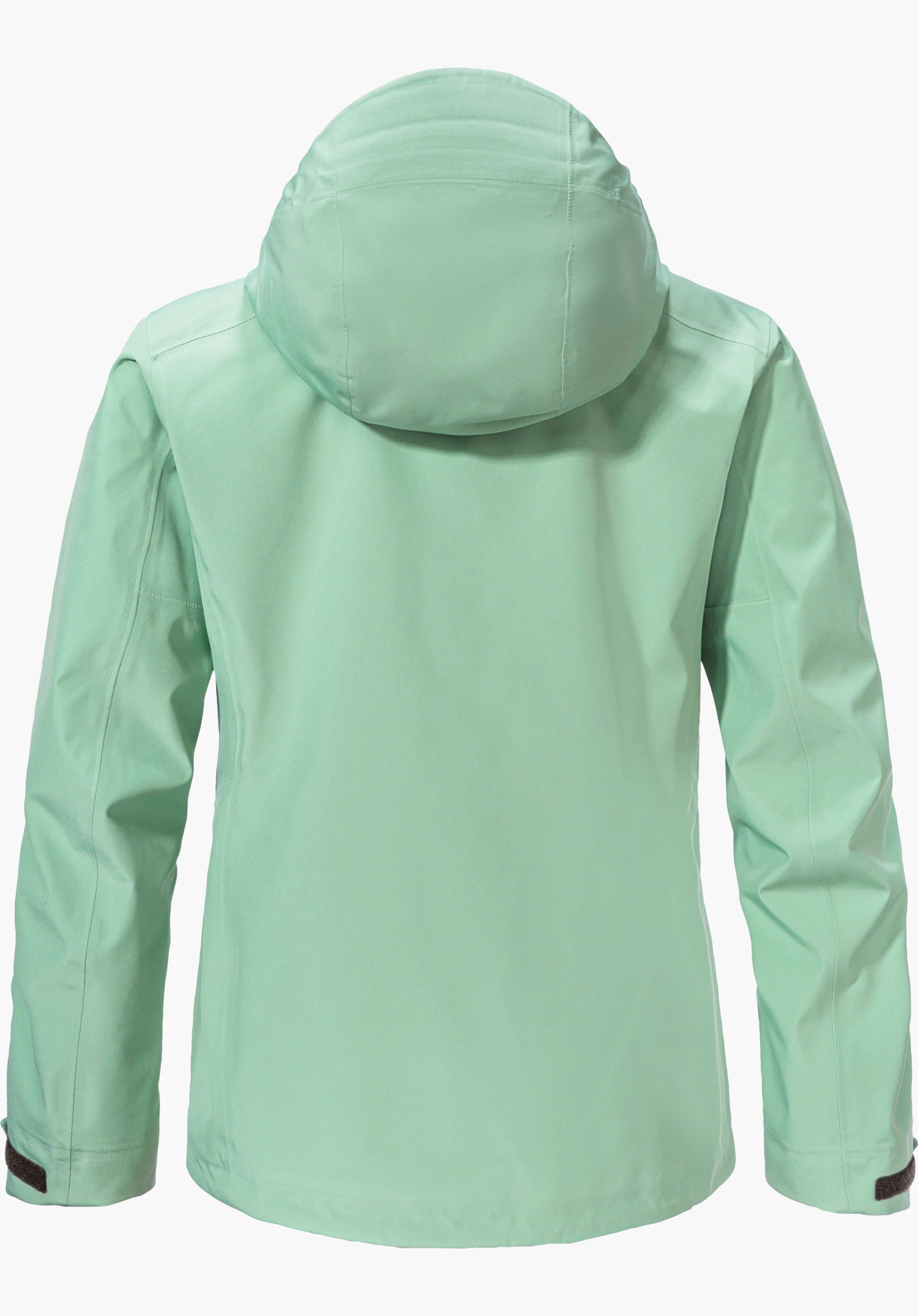 Jacket Style Cascata WMS light green hiking jacket, presented from the back, with hood and long sleeves, black Velcro cuff tabs, plain white background.