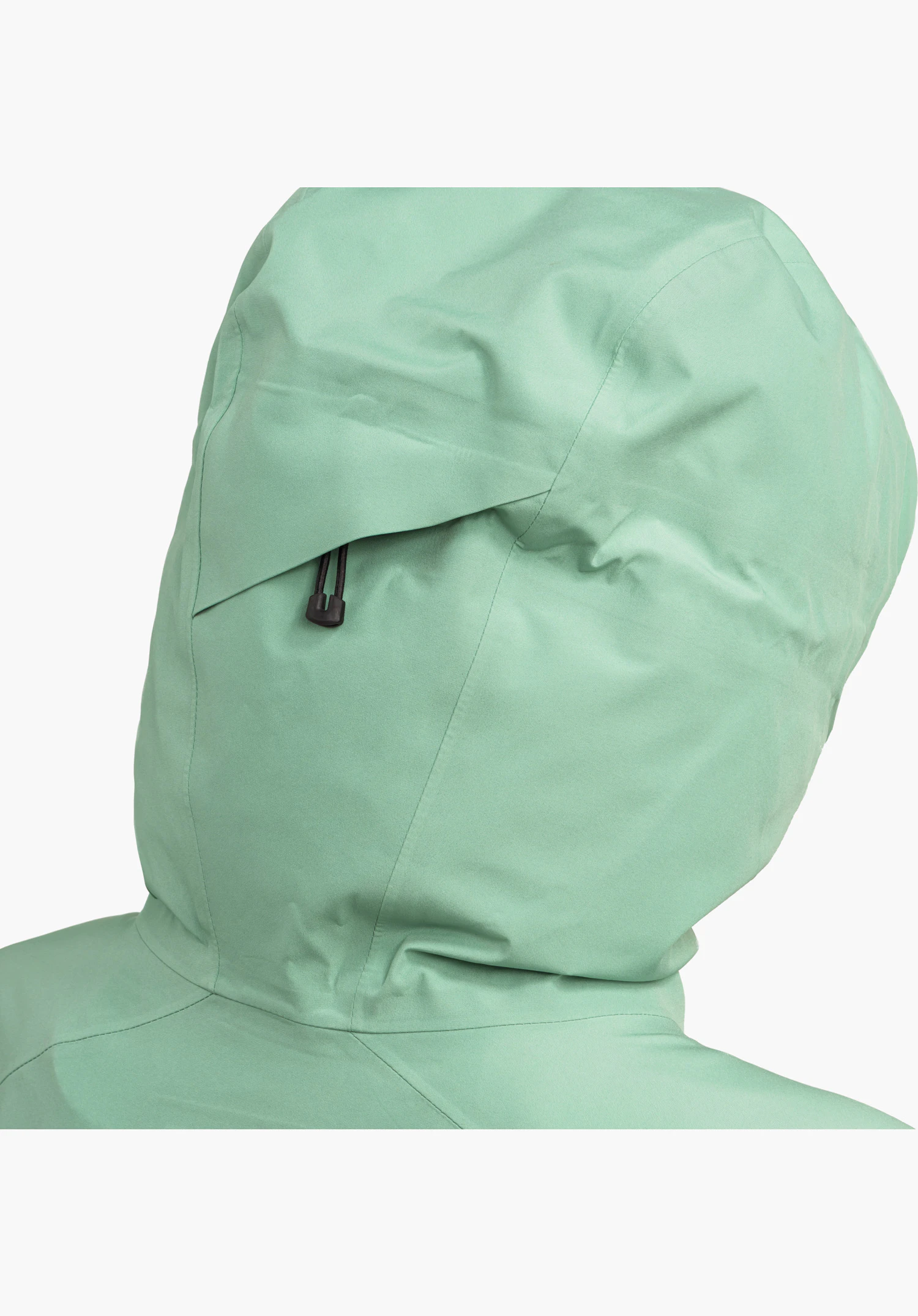 Jacket Style Cascata WMS – vue arrière de la capuche verte avec cordon de serrage réglable. Gros plan sur fond blanc.