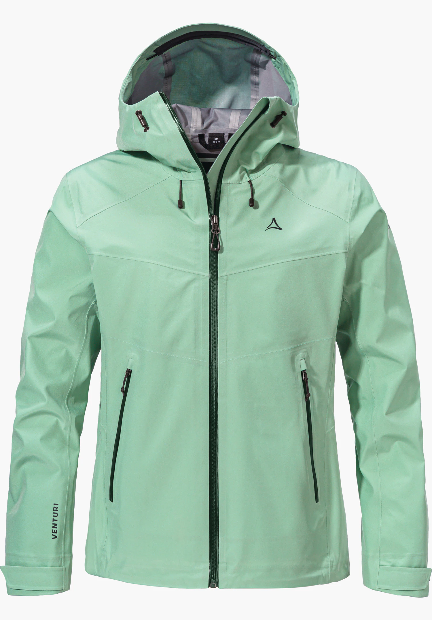 Jacket Style Cascata WMS light green hooded jacket (rain jacket), front view with zip closed; Schöffel logo on the chest, VENTURI lettering on the left sleeve; isolated on a white background.