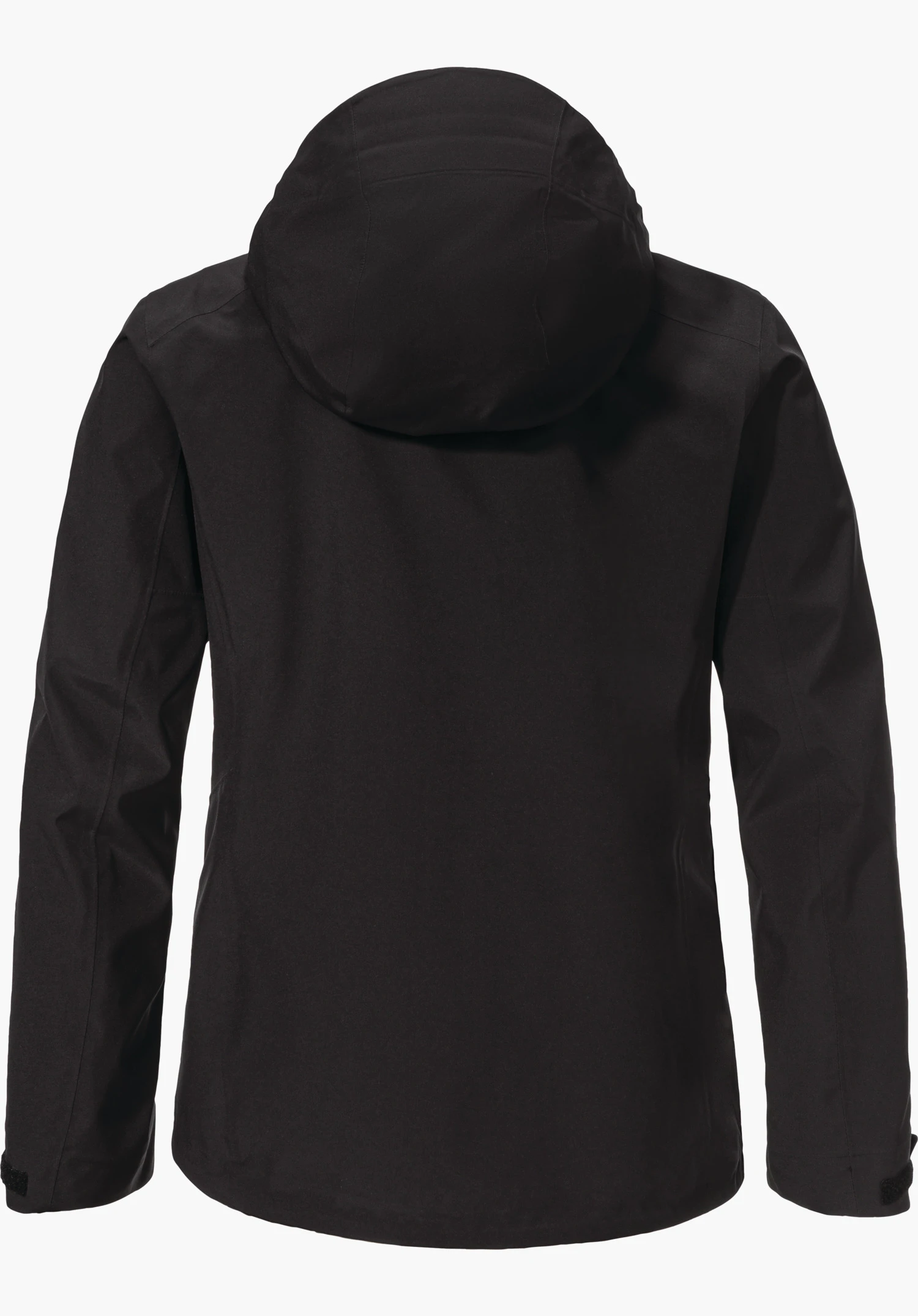 Jacket Style Cascata WMS Veste de randonnée noire à capuche, vue de dos; manches tombant librement, surface lisse, présentée sur fond blanc neutre.