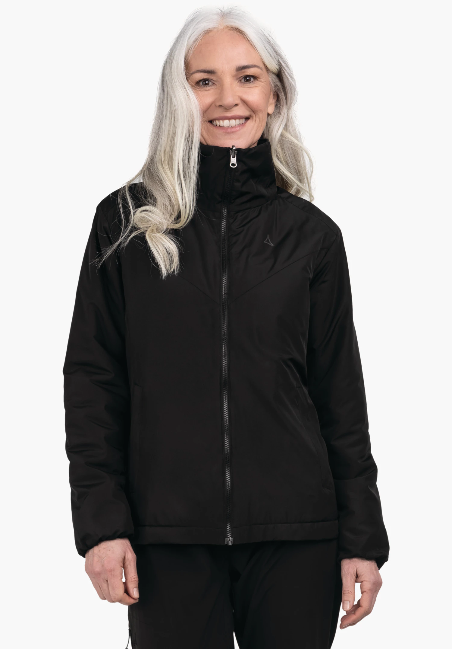 3in1 Jacket Style Tamina WMS black jacket, closed with zipper, worn by a woman; Schöffel logo on the left chest, hands at the sides; neutral white background.