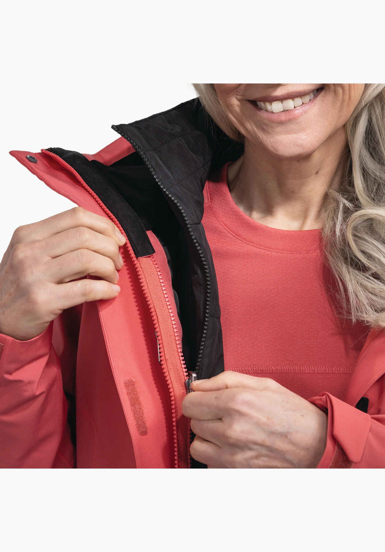 3in1 Jacket Style Tamina WMS shows the robust zip and the connection between the pink outer jacket and the black quilted inner jacket in a close-up shot against a white/neutral background.
