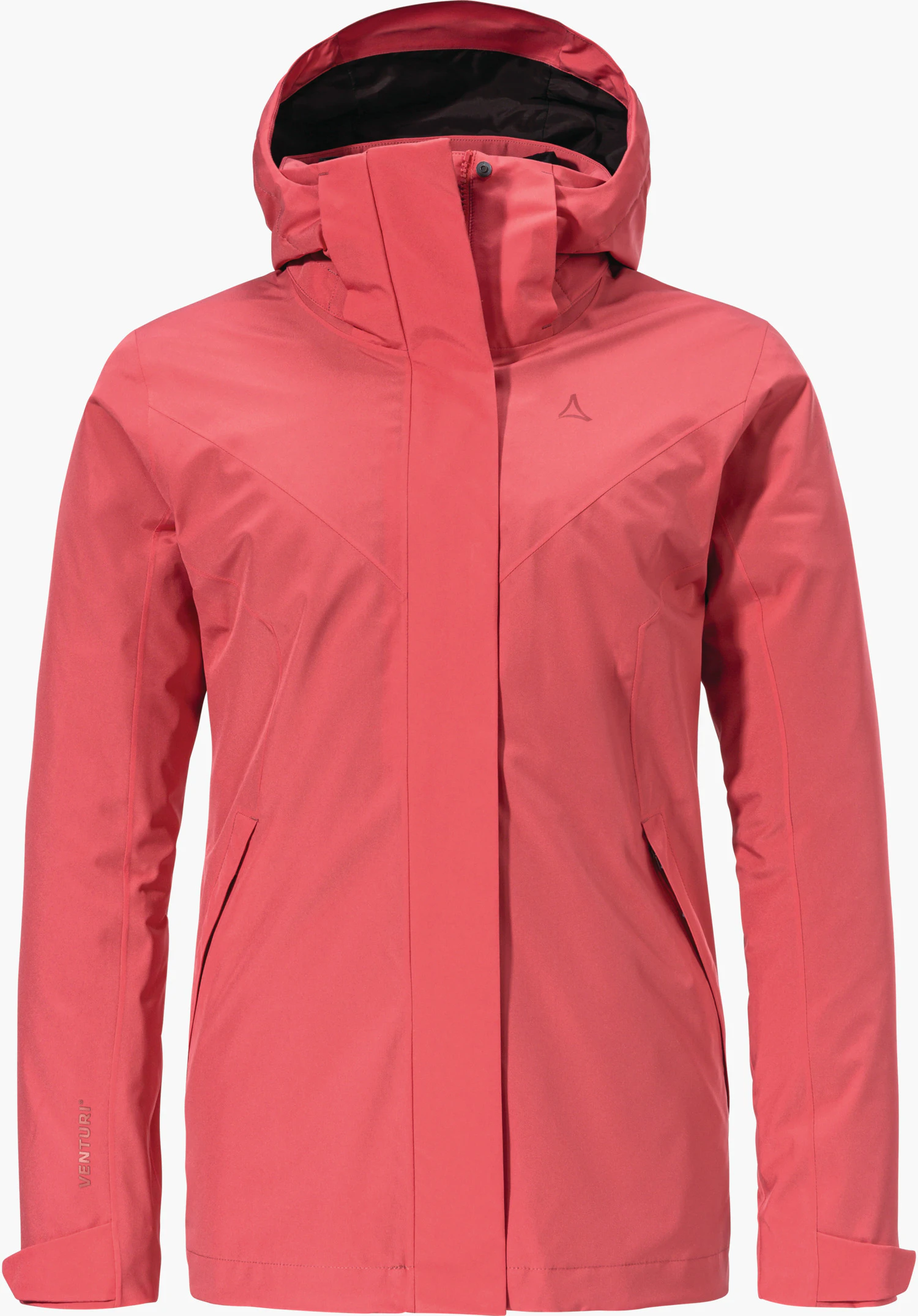 3in1 Jacket Style Tamina WMS pink multi-purpose jacket, front view; Schöffel logo on the left chest; zip placket, hand pockets and hood visible; sleeve lettering: “VENTURI”. White background.