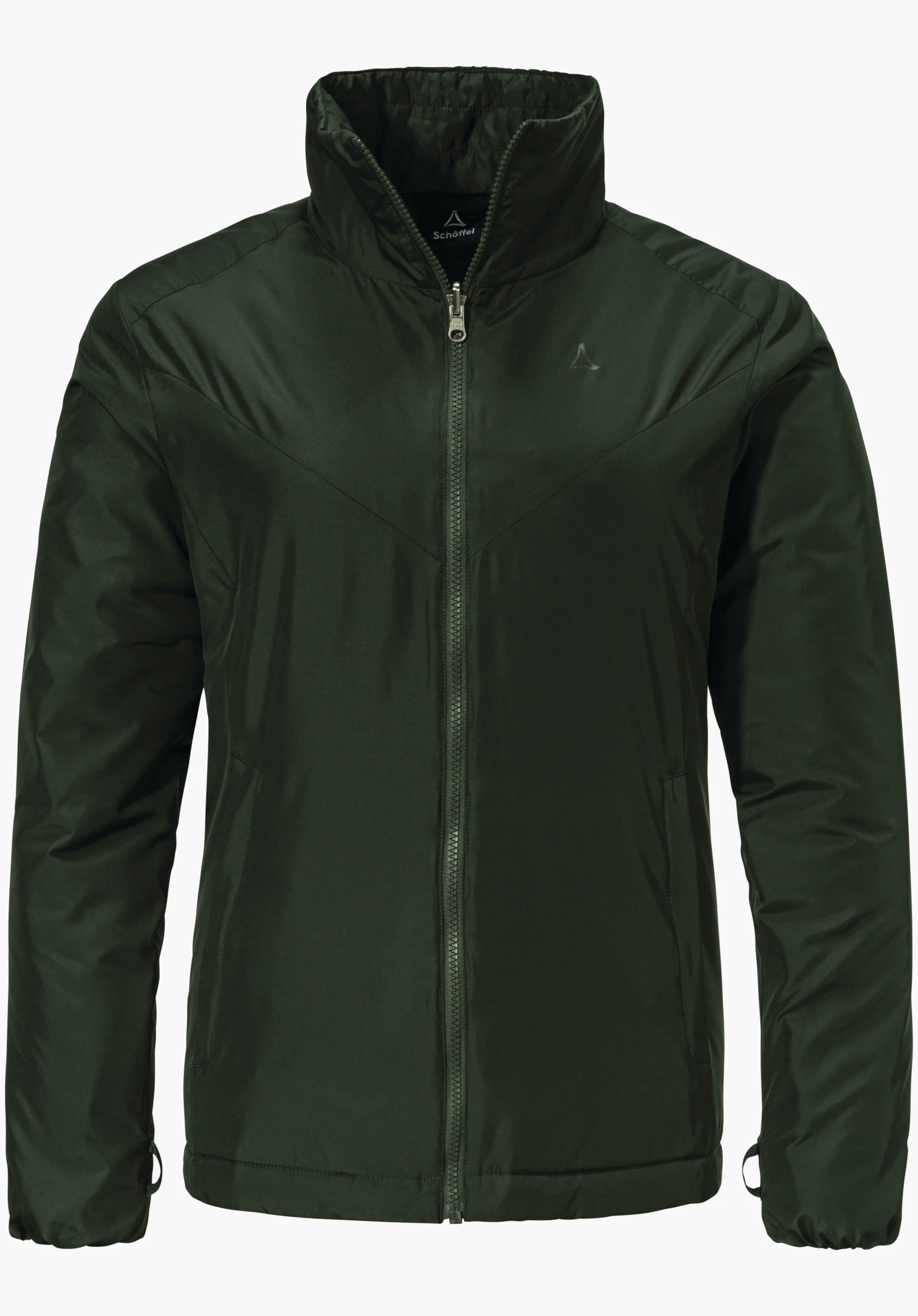 3in1 Jacket Style Tamina WMS donkergroene jas, frontaal gepresenteerd, gesloten ritssluiting, opstaande kraag; Schöffel-logo op de borst; tekst: "Schöffel". Witte achtergrond.