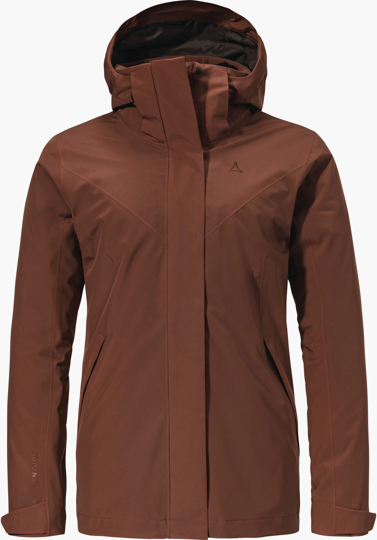 3in1 Jacket Style Tamina WMS brown multi-purpose jacket, front view, with hood and concealed zip; Schöffel logo on the chest; sleeve lettering: VENTURI; white background.