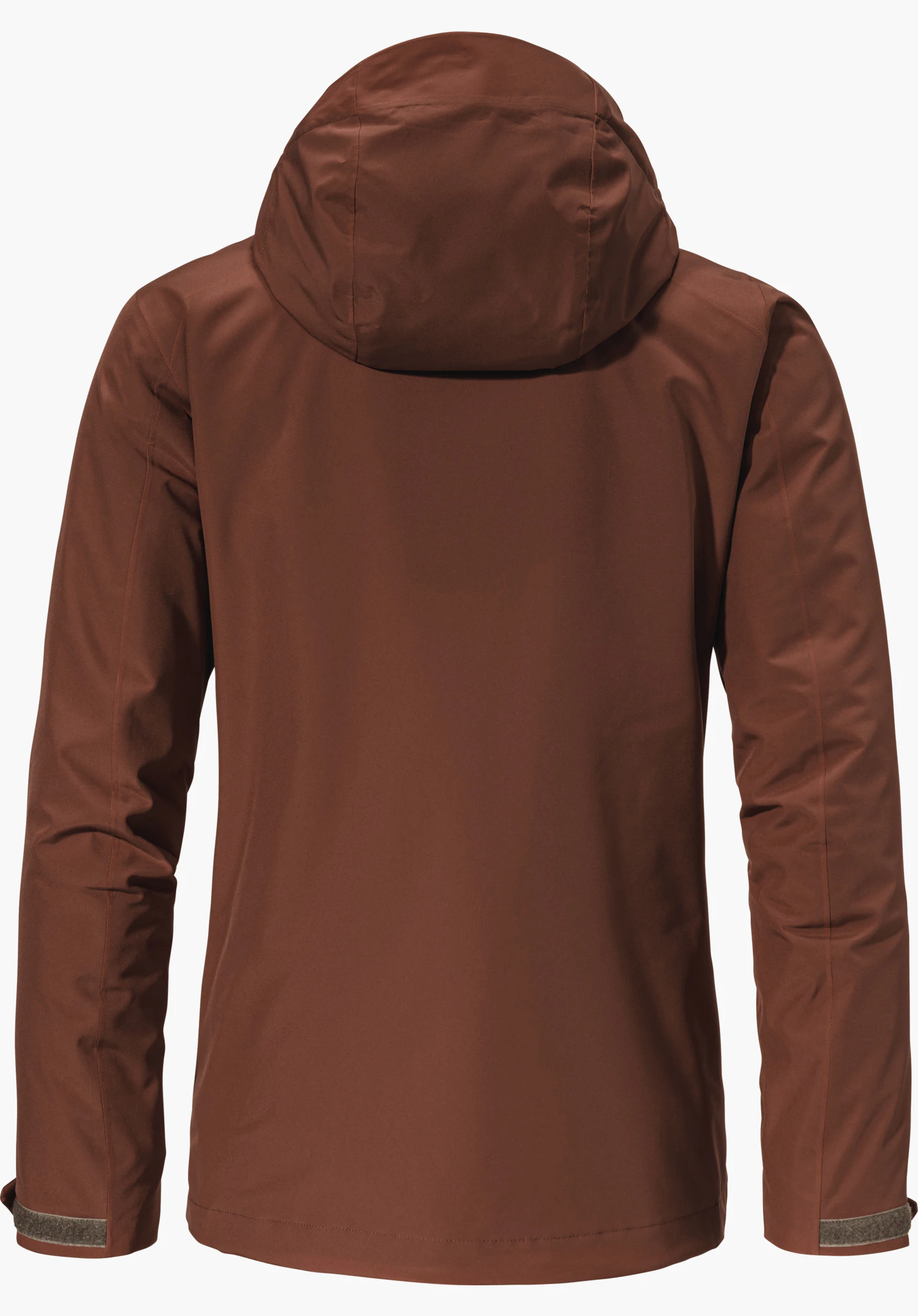 3in1 Jacket Style Tamina WMS braune 3-in-1 Jacke, Rückenansicht; Kapuze aufrecht, lange Ärmel mit Klettbündchen, glatte, wetterfeste Oberfläche; neutraler weißer Hintergrund.