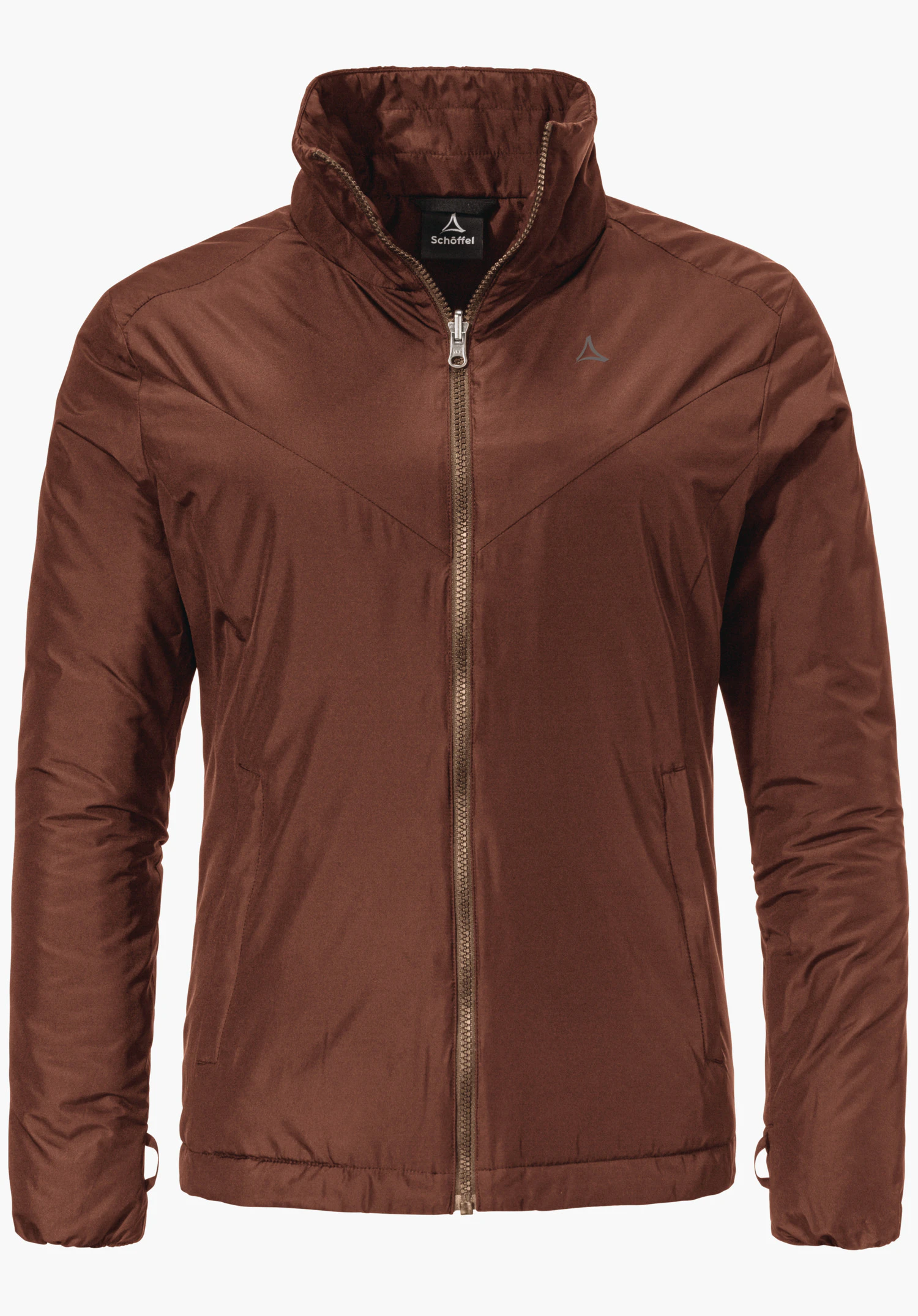 3in1 Jacket Style Tamina WMS dunkelbraune Stehkragenjacke, frontal dargestellt, Reißverschluss geschlossen; Schöffel-Logo auf linker Brust und Innenetikett mit Text "Schöffel"; neutraler weißer Hintergrund.