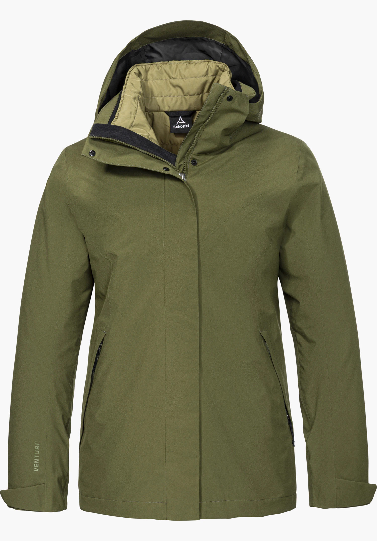 3in1 Jacket Style Tamina WMS in groen met capuchon, zichtbaar Schöffel-opschrift en Schöffel-logo aan de binnenkraag, vrijstaand op een witte achtergrond.