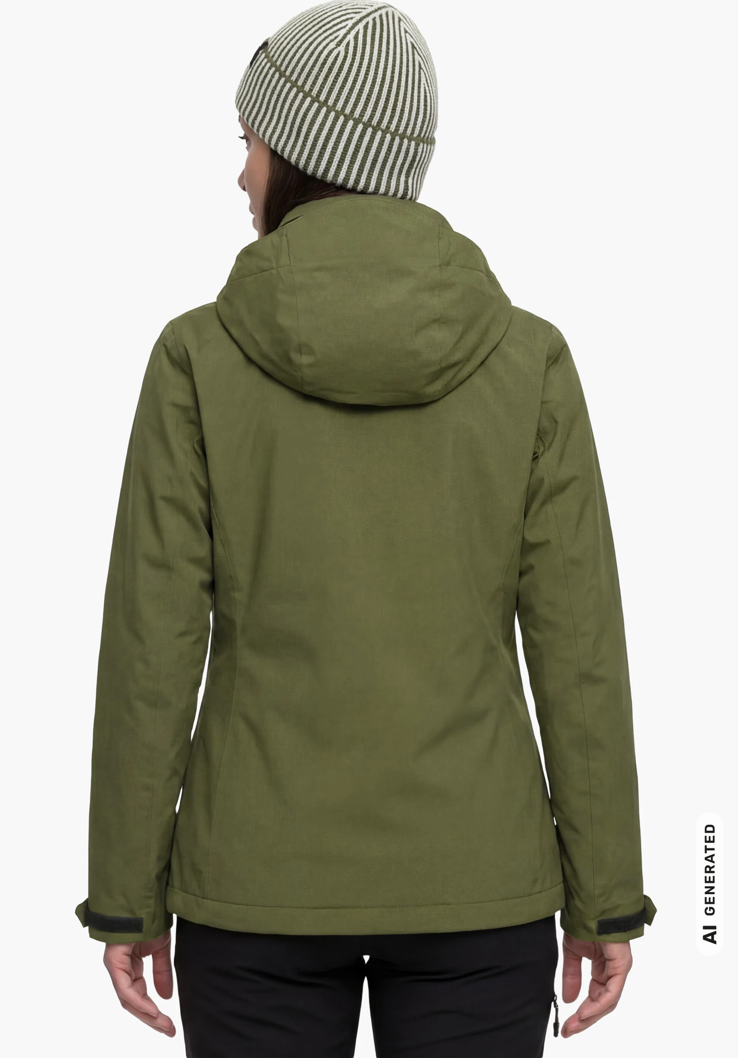 3in1 Jacket Style Tamina WMS in grün, getragen von einem weiblichen Model in Rückenansicht mit aufrechtem Stand und herabhängenden Armen, mit aufgesetzter Kapuze und Mütze vor weißem Hintergrund. (KI-generiert)