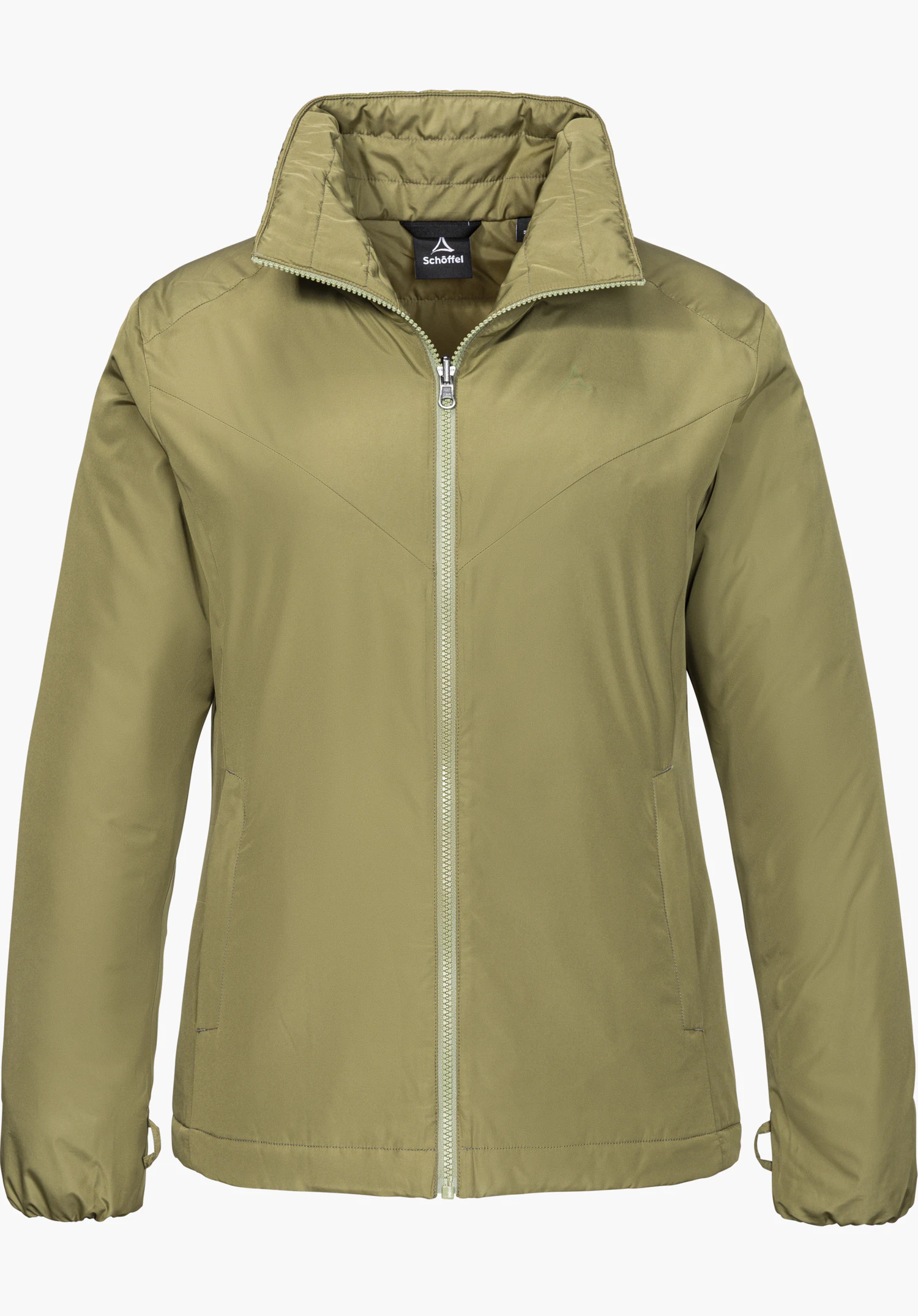 3in1 Jacket Style Tamina WMS in grün mit Stehkragen, durchgehendem Reißverschluss und sichtbarem Schöffel-Logo am Krageninnenetikett freigestellt vor weißem Hintergrund.