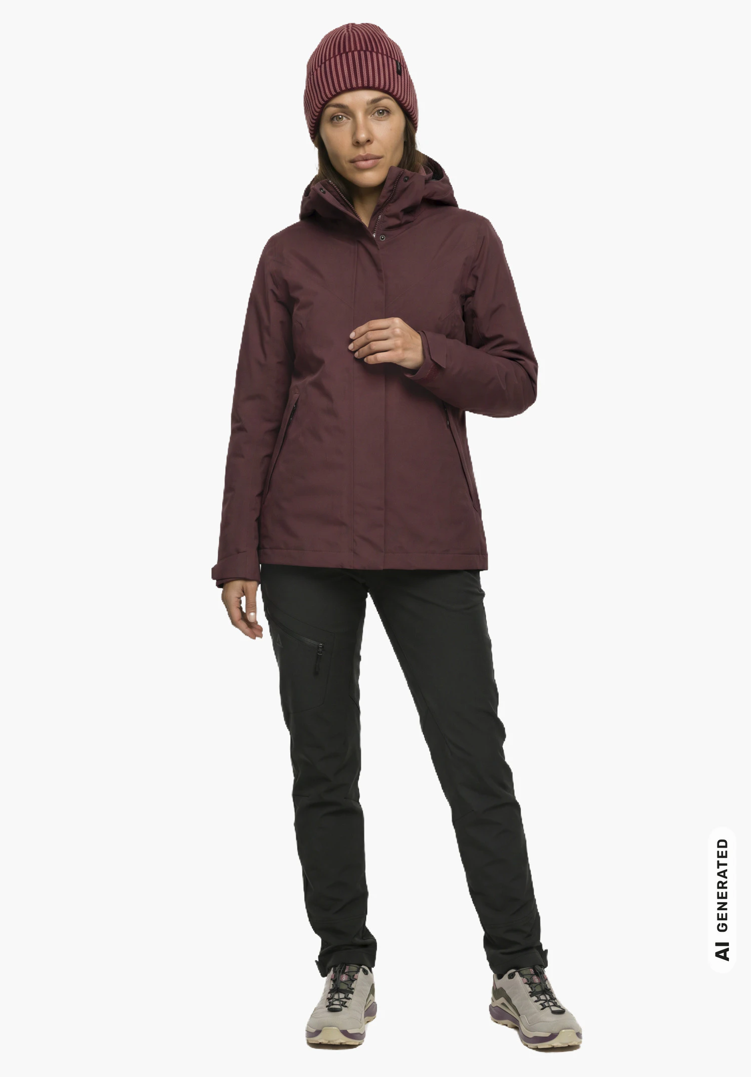 3in1 Jacket Style Tamina WMS in het paars, gedragen door een vrouwelijk model in driekwart zijaanzicht met een rechtopstaande houding en één hand op de gesloten rits tegen een witte achtergrond. (Door AI gegenereerd)