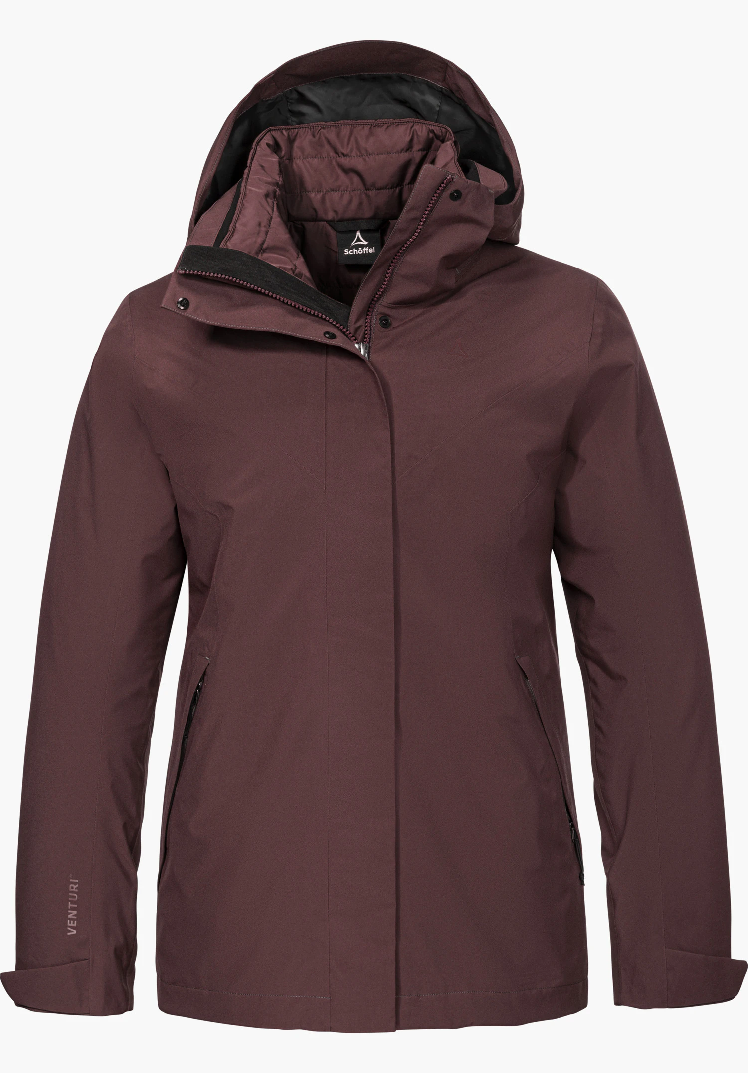 3in1 Jacket Style Tamina WMS in paars met capuchon, hoge kraag, verborgen ritssluiting aan de voorkant en zichtbaar Schöffel-opschrift aan de binnenzijde, vooraanzicht, vrijstaand op een witte achtergrond.