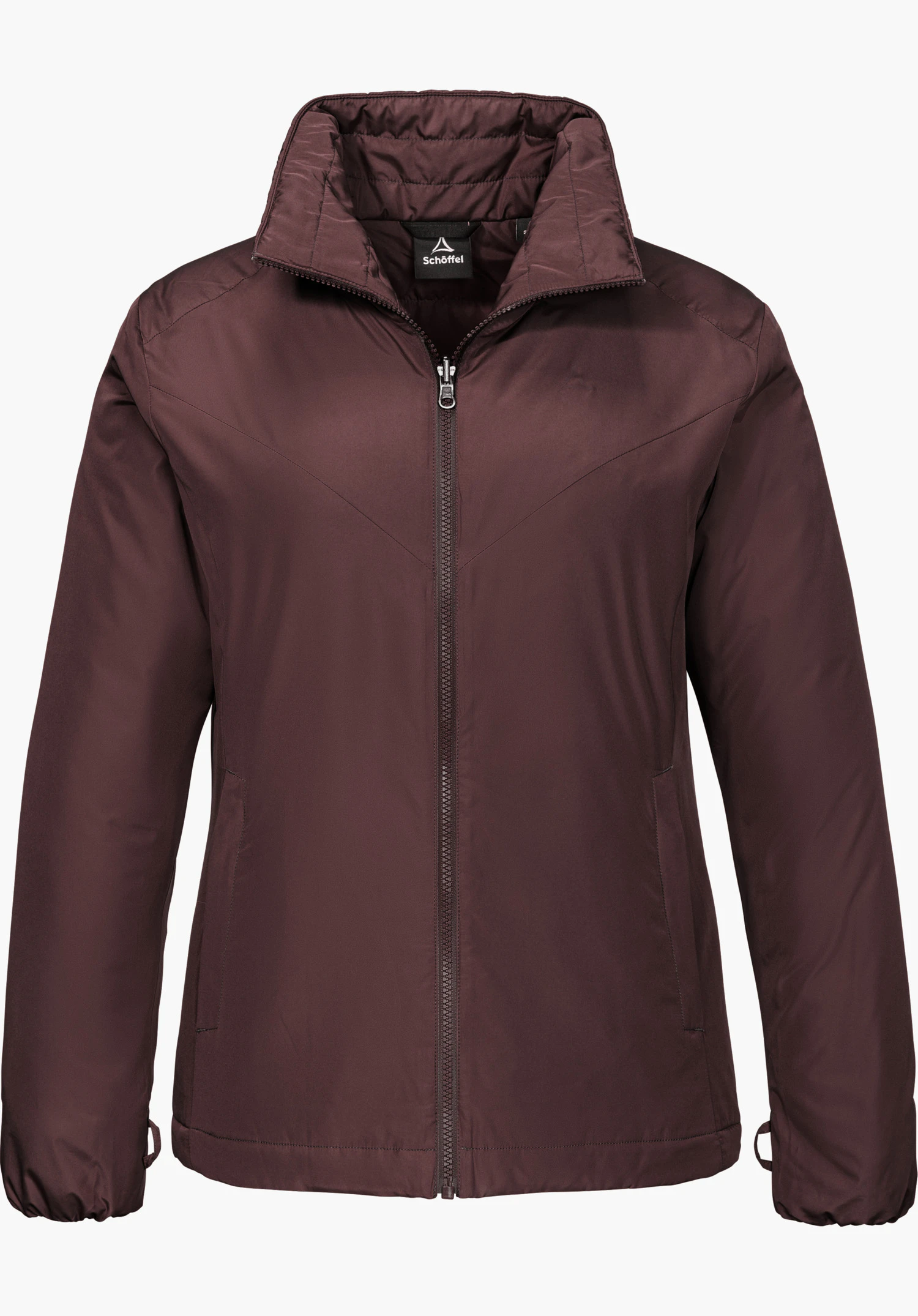3in1 Jacket Style Tamina WMS in lila mit Stehkragen, durchgehendem Reißverschluss und sichtbarem Schöffel-Logo im Innenkragen, freigestellt vor weißem Hintergrund.