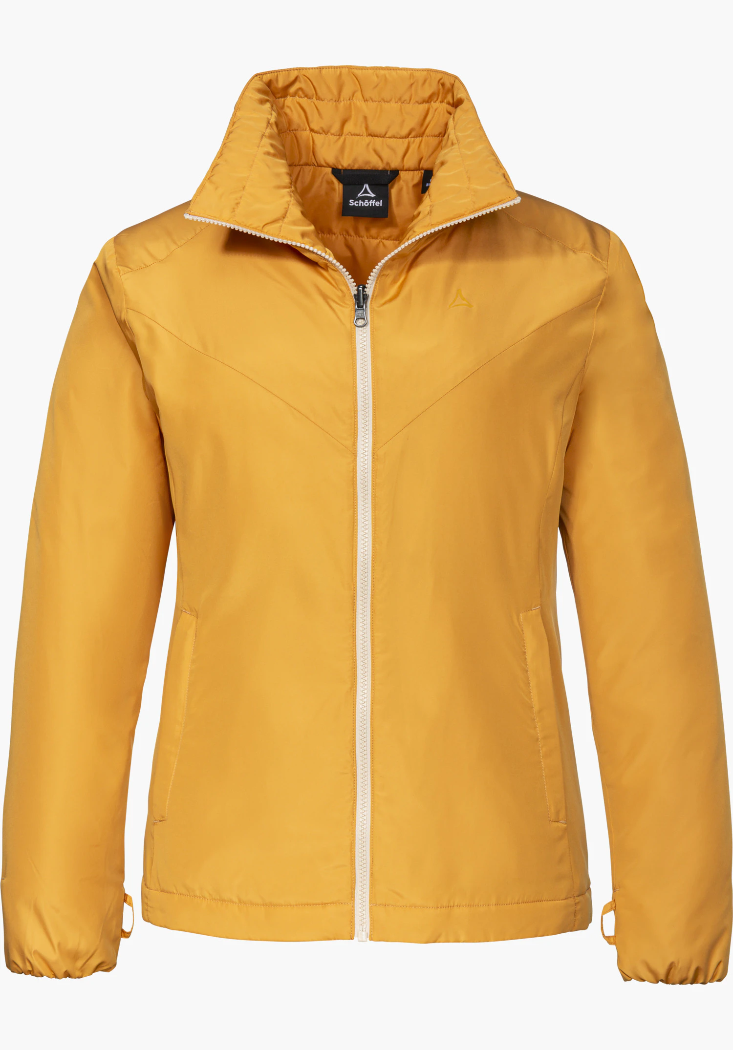 3in1 Jacket Style Tamina WMS in beige met opstaande kraag, volledige ritssluiting en zichtbaar Schöffel-logo in vooraanzicht vrijstaand tegen een witte achtergrond.