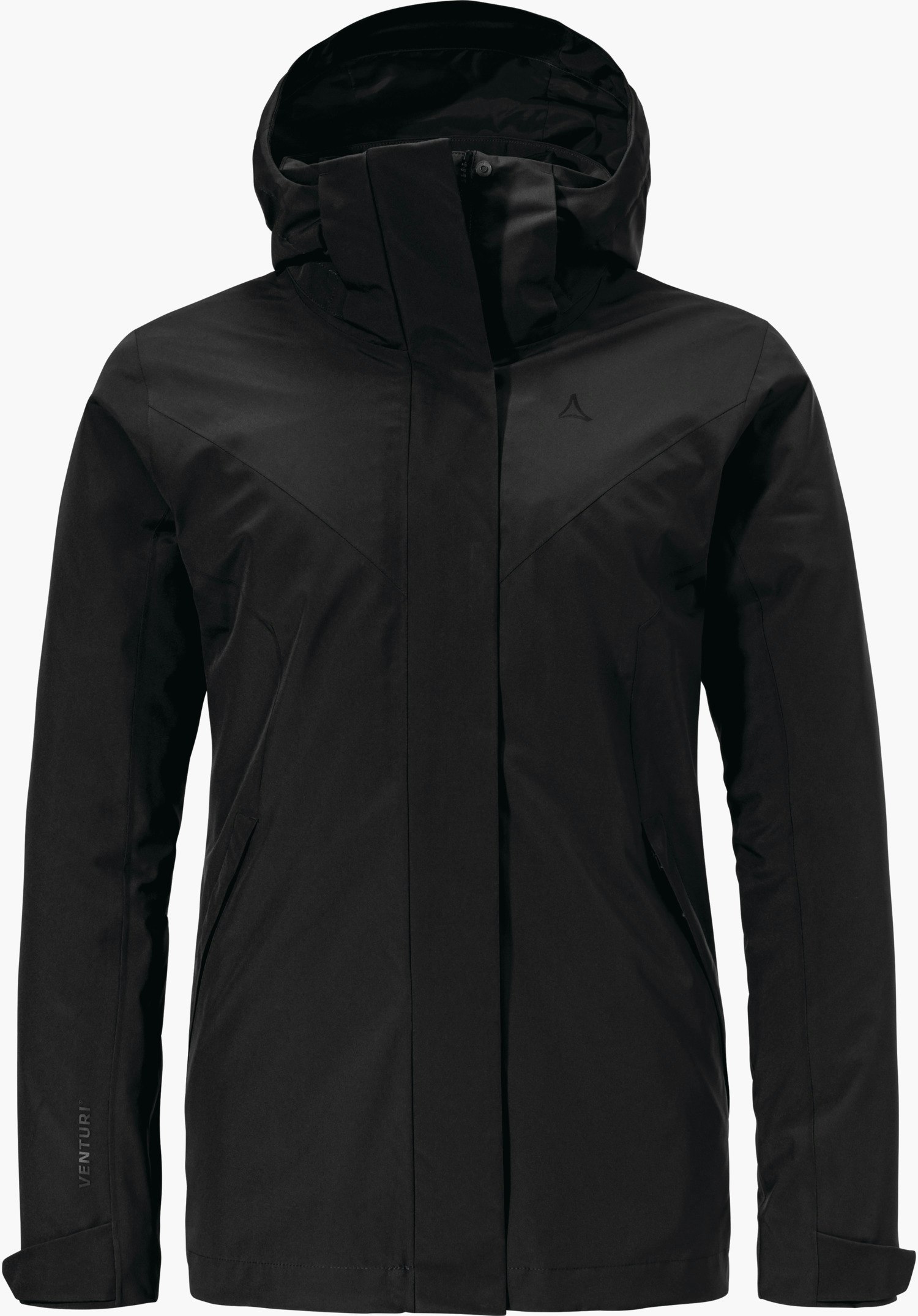 3in1 Jacket Style Tamina WMS veste multifonction noire avec capuche (logo Schöffel sur la poitrine), fermeture éclair frontale dissimulée; photo produit debout sur fond blanc. Inscription sur la manche: « VENTURI ».