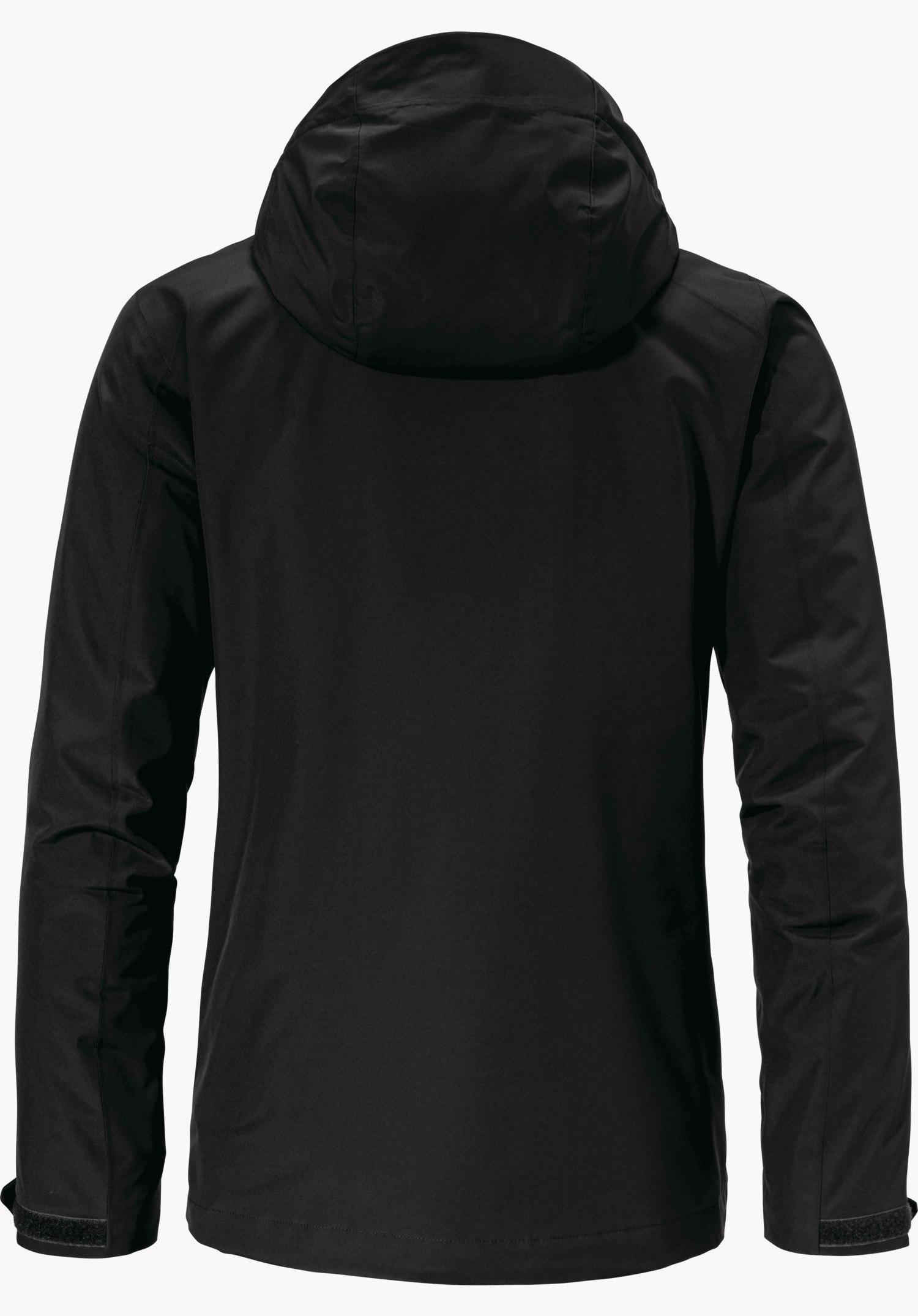 3in1 Jacket Style Tamina WMS veste noire, vue arrière; capuche posée, manches avec fermetures velcro, surface lisse et résistante aux intempéries; fond blanc clair.