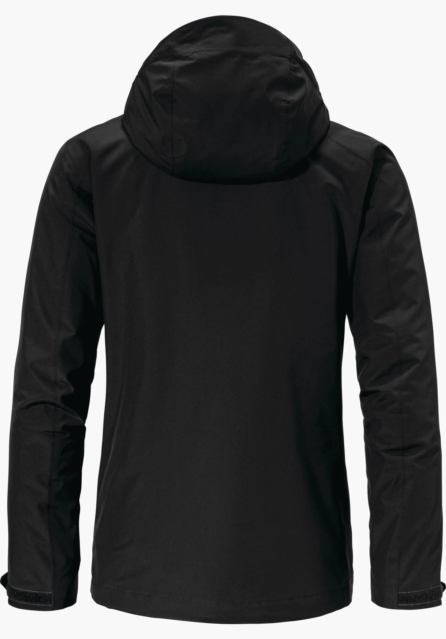 3in1 Jacket Style Tamina WMS Zwarte jas, achteraanzicht; capuchon ligt los aan; mouwen met klittenbandsluitingen, glad weerbestendig oppervlak; lichte witte achtergrond.