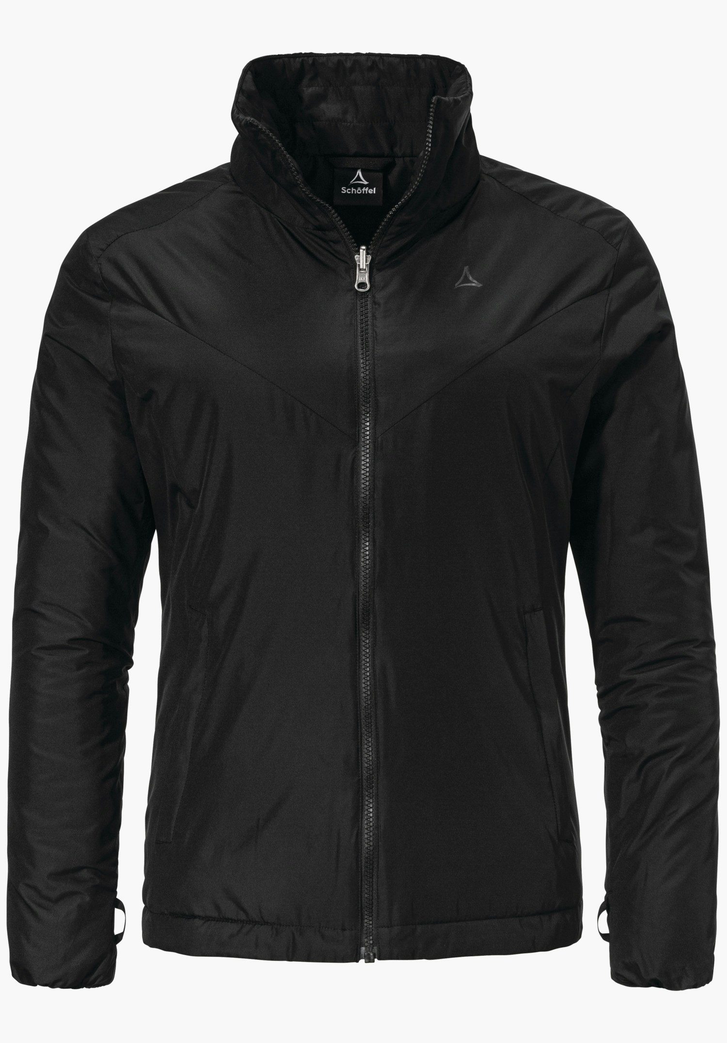 3in1 Jacket Style Tamina WMS veste noire à col montant, fermeture éclair fermée; logo Schöffel sur la poitrine et sur l’étiquette du col; texte "Schöffel" sur l’étiquette; sur fond clair uni.