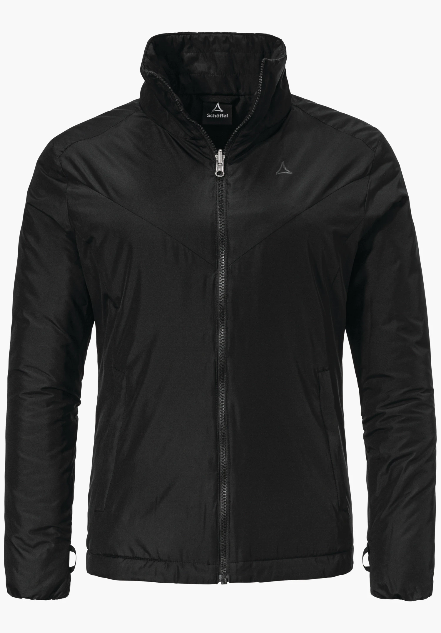 3in1 Jacket Style Tamina WMS zwarte jas met opstaande kraag, ritssluiting gesloten; Schöffel-logo op de borst en op het kraaglabel; labeltekst "Schöffel"; tegen een effen lichte achtergrond.