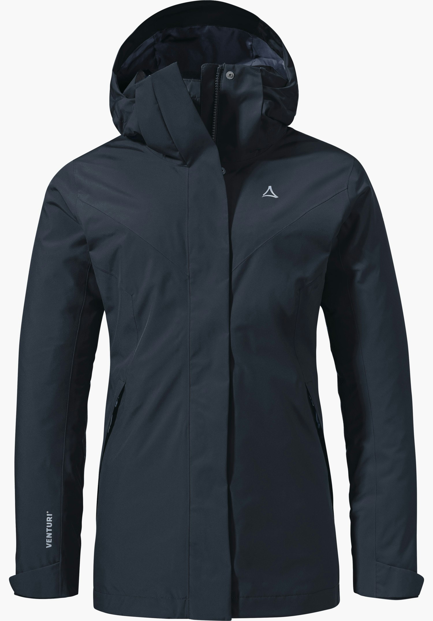 3in1 Jacket Style Tamina WMS veste multifonction bleu foncé, présentée de face, avec capuche, fermeture éclair dissimulée et poches; logo Schöffel sur la poitrine; inscription « VENTURI » sur la manche gauche; fond blanc.
