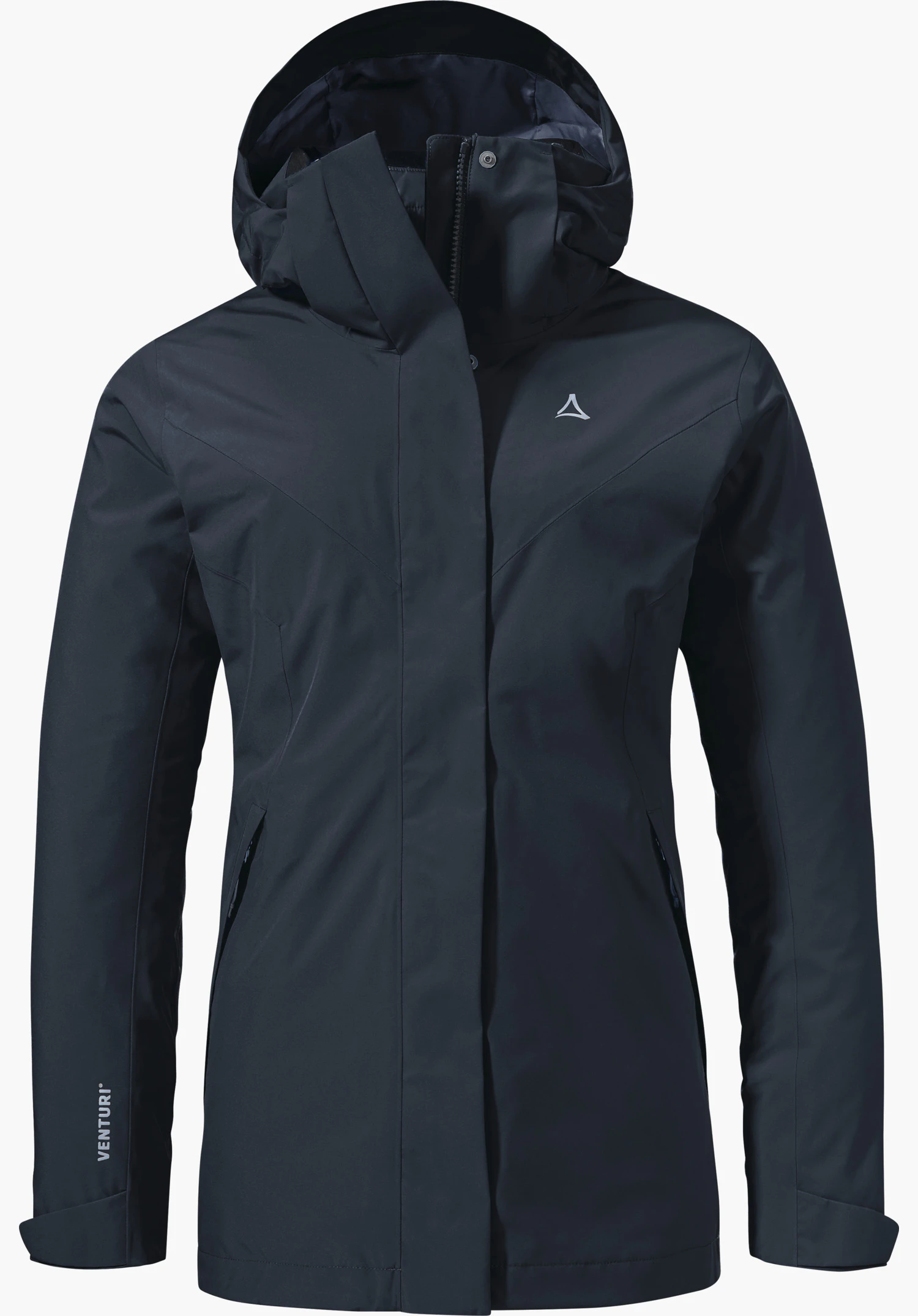 3in1 Jacket Style Tamina WMS Dunkelblaue Multifunktionsjacke, frontal präsentiert, mit Kapuze, verdecktem Reißverschluss und Taschen; Schöffel-Logo auf der Brust; Schriftzug "VENTURI" am linken Ärmel; freistellender weißer Hintergrund.