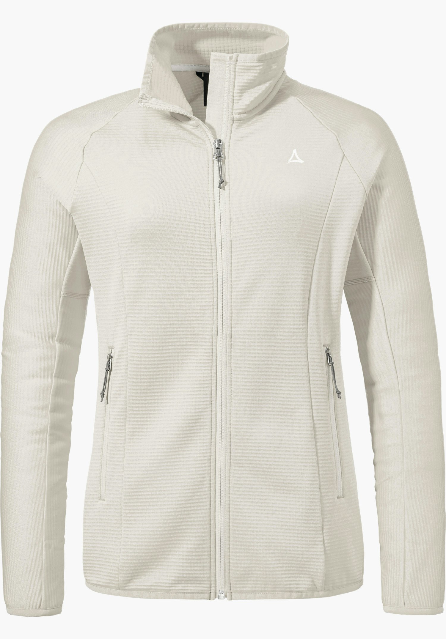 Fleece Jk Style Cascata WMS veste polaire blanche, fermeture éclair fermée, présentée de face; matière côtelée, deux poches latérales zippées; logo Schöffel sur la poitrine gauche; fond blanc neutre.