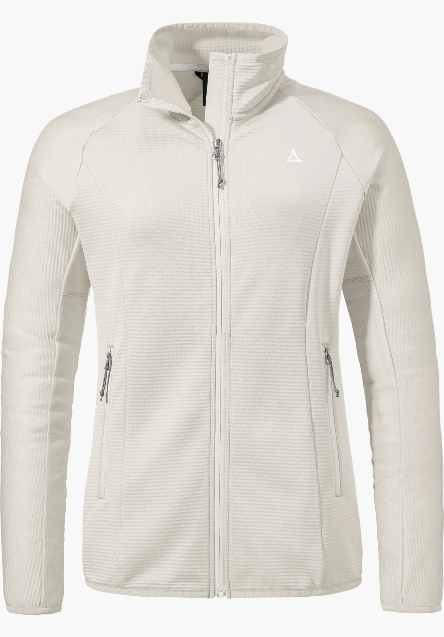 Fleece Jk Style Cascata WMS white fleece jacket, zip closed, front view; ribbed material, two side zip pockets; Schöffel logo on left chest; neutral white background.