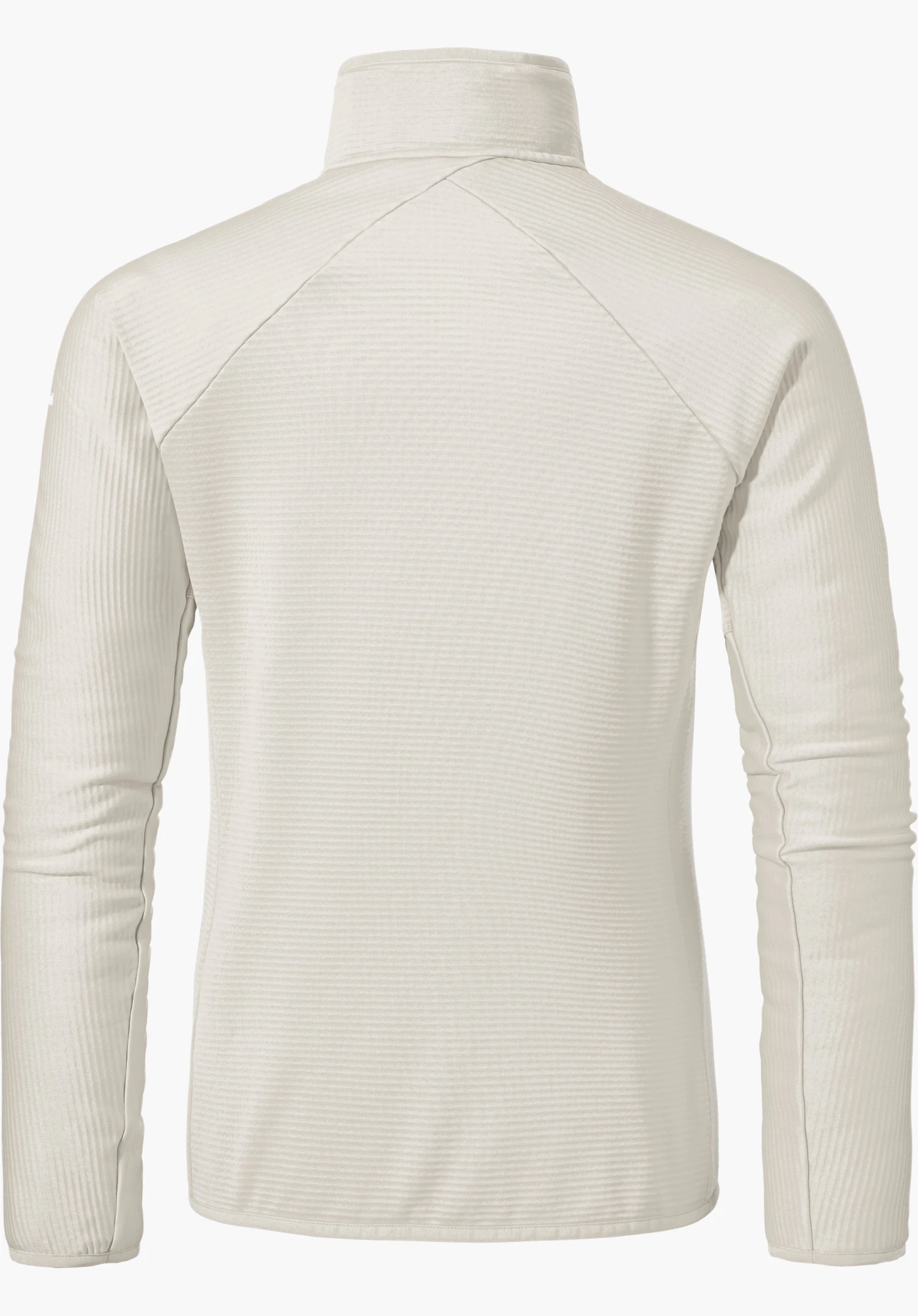Fleece Jk Style Cascata WMS white long-sleeved top with stand-up collar; rear view, laid flat on a light neutral background; fine ribbed texture.