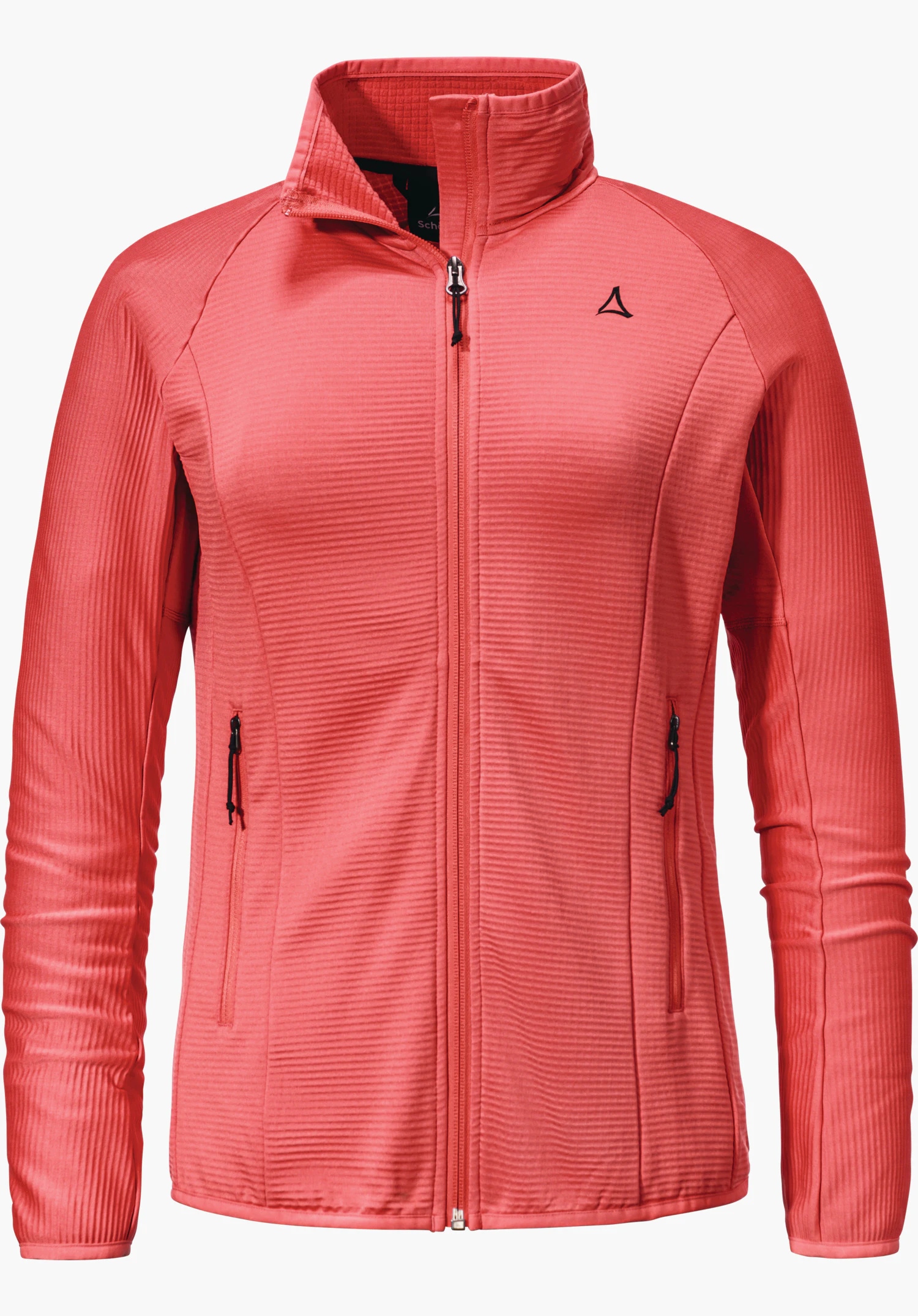 Fleece Jk Style Cascata WMS veste polaire rose, présentée de face, fermeture éclair fermée, col montant, deux poches zippées; logo Schöffel sur la poitrine gauche; tissu lisse légèrement côtelé sur fond blanc.