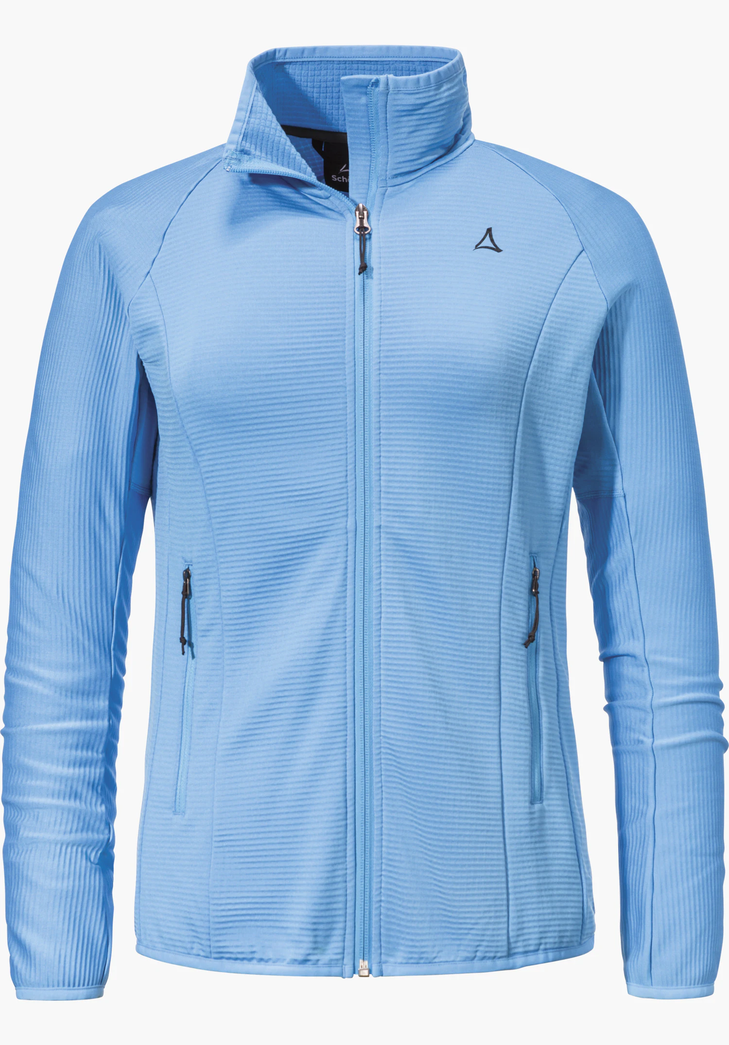 Fleece Jk Style Cascata WMS light blue fleece jacket, zip closed, two side zip pockets; Schöffel logo on left chest; presented on a white background.
