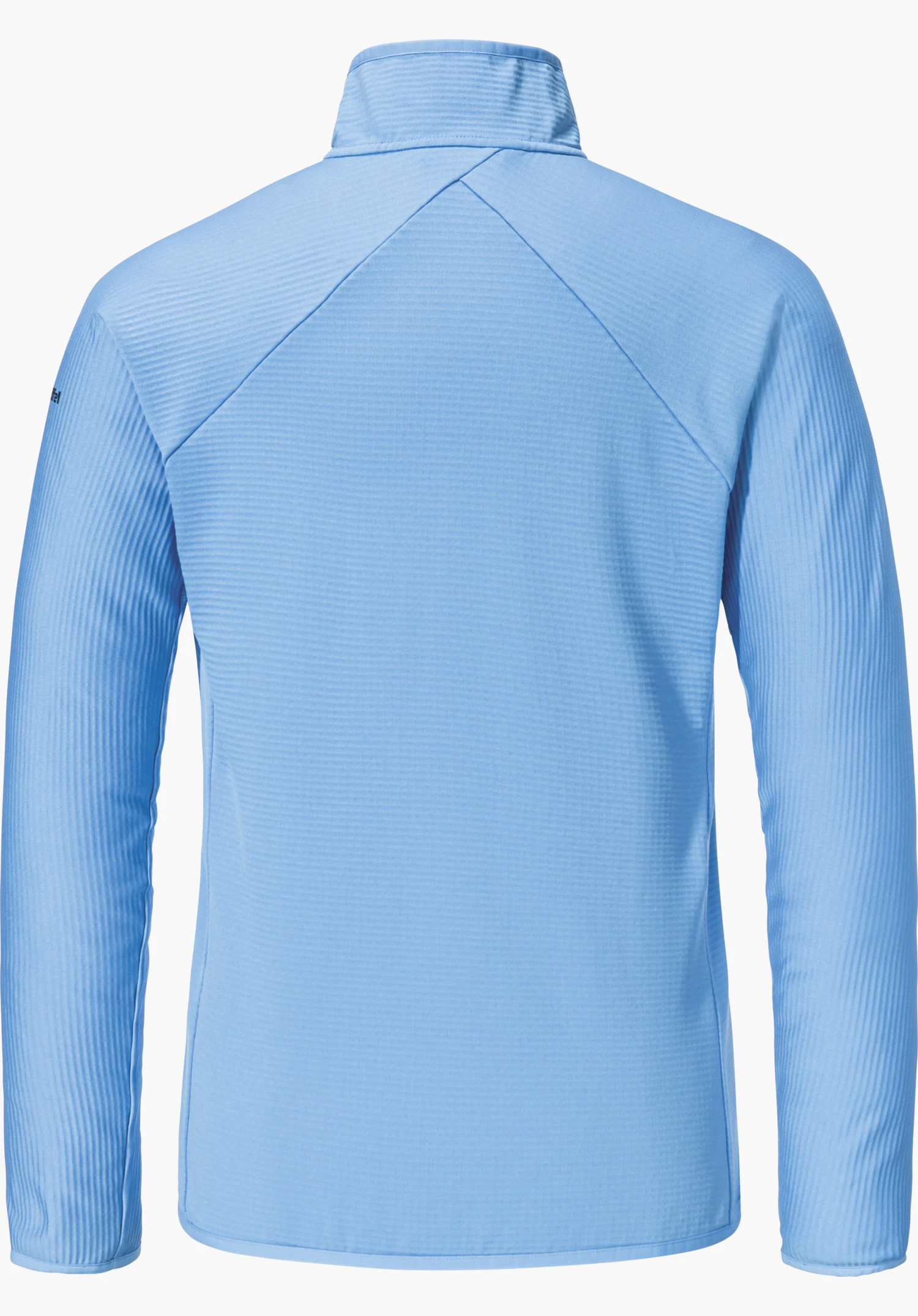 Fleece Jk Style Cascata WMS light blue fleece jacket, visible from the back, with high collar and fine ribbed texture, hanging straight against a solid white background.