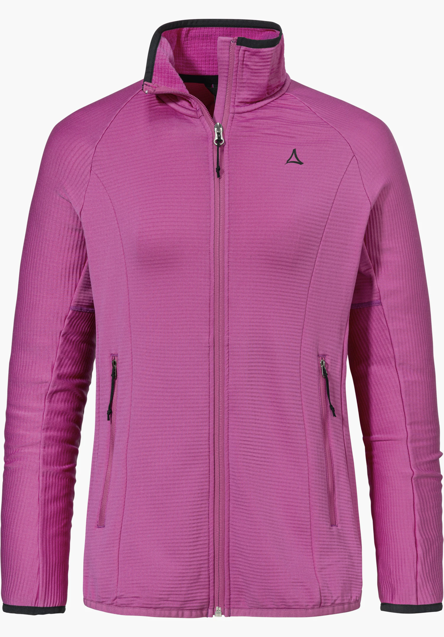 Fleece Jk Style Cascata WMS in Pink mit hohem Kragen, durchgehendem Reißverschluss, seitlichen Reißverschlusstaschen und einem schwarzen Schöffel-Logo auf der linken Brust, freigestellt vor weißem Hintergrund.