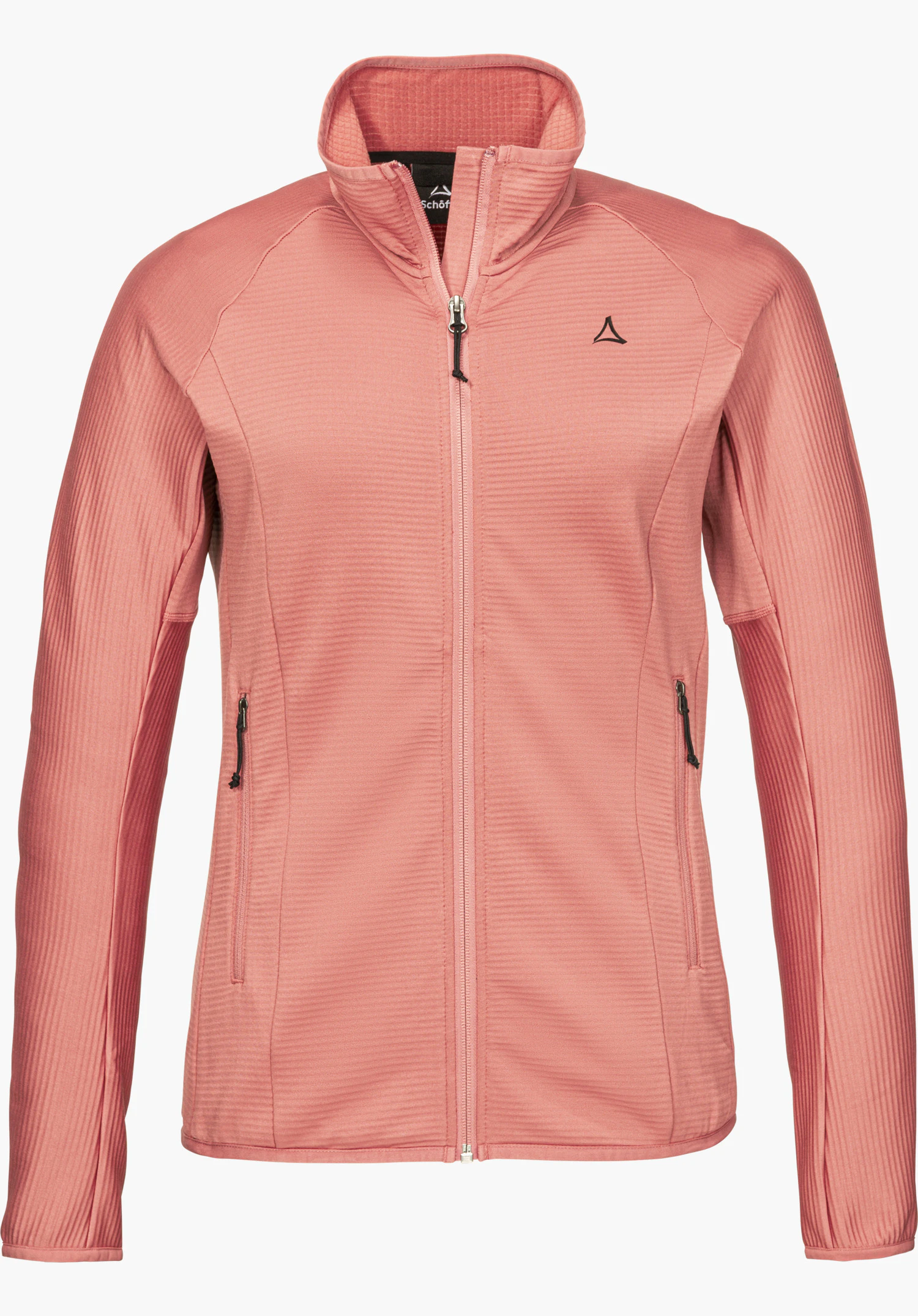 Fleece Jk Style Cascata WMS fleece jacket in pink with a stand-up collar, full-length zipper, side zippered pockets and black Schöffel logo on the chest, isolated on a white background.