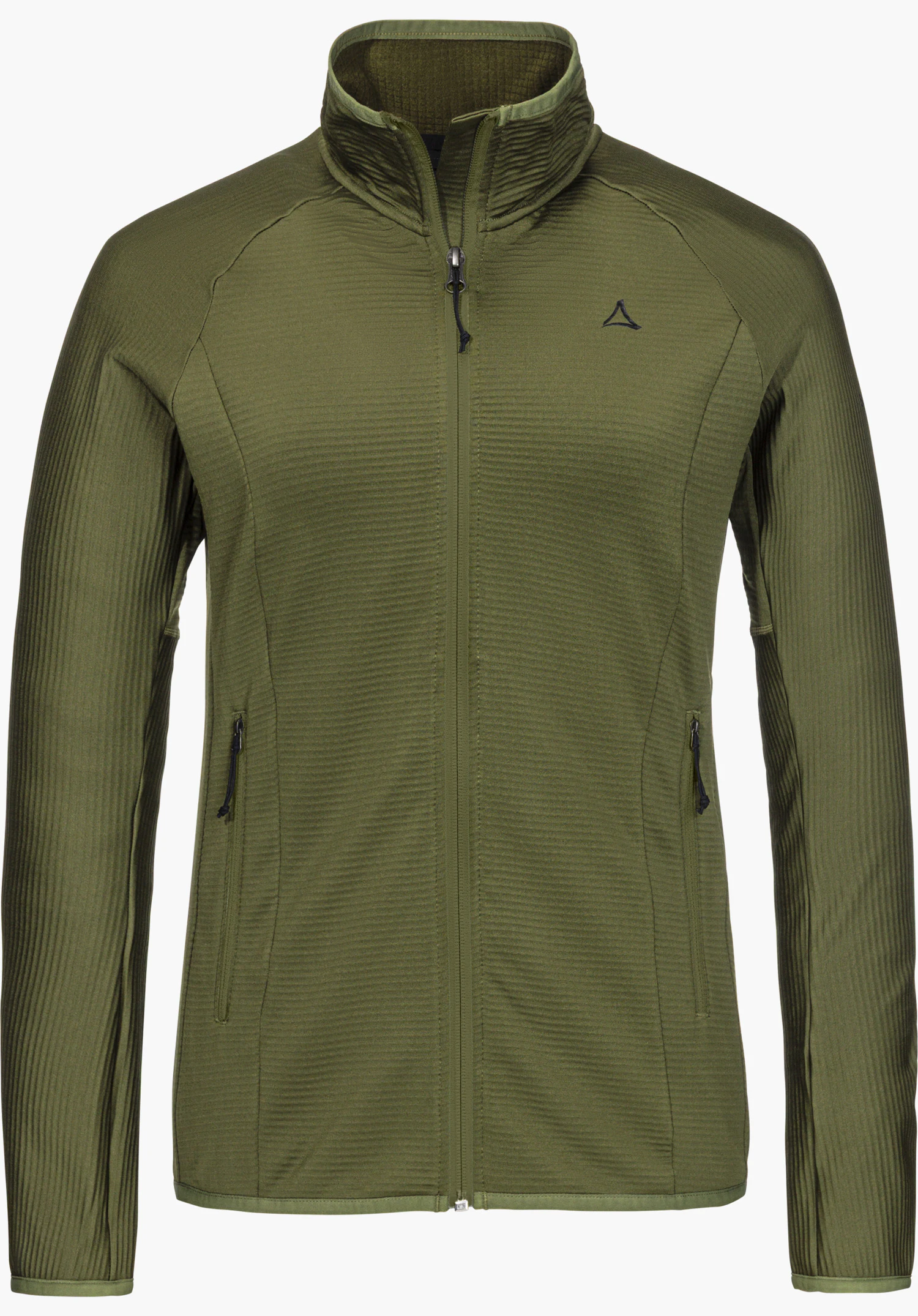 Fleece Jk Style Cascata WMS fleece jacket in green with a front zipper, stand-up collar, side pockets and Schöffel logo, shown from the front and isolated on a white background.